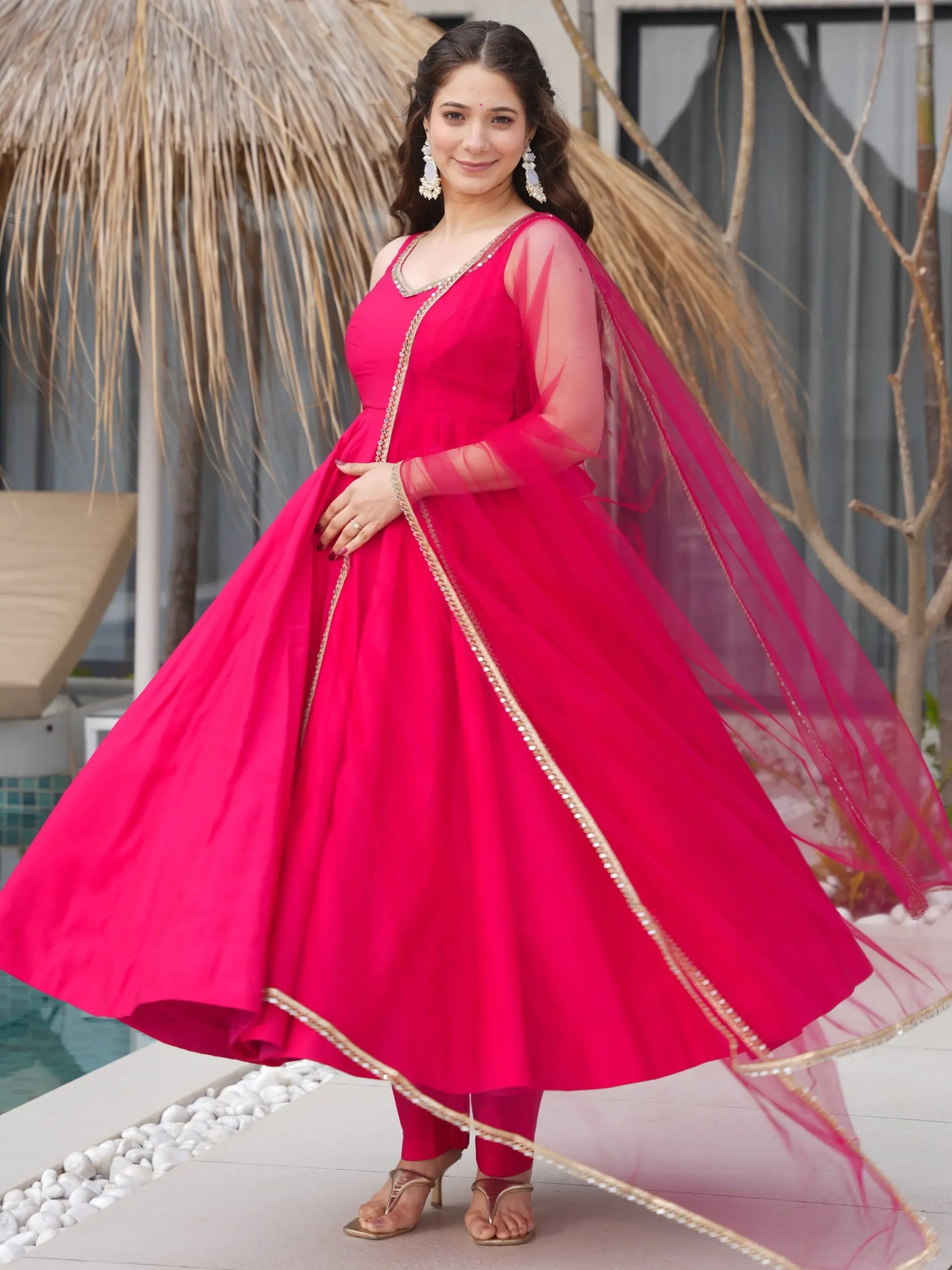 Lovely Hot Pink Chanderi Silk Anarkali Suit With Lace Work Dupatta - Zeel Clothing