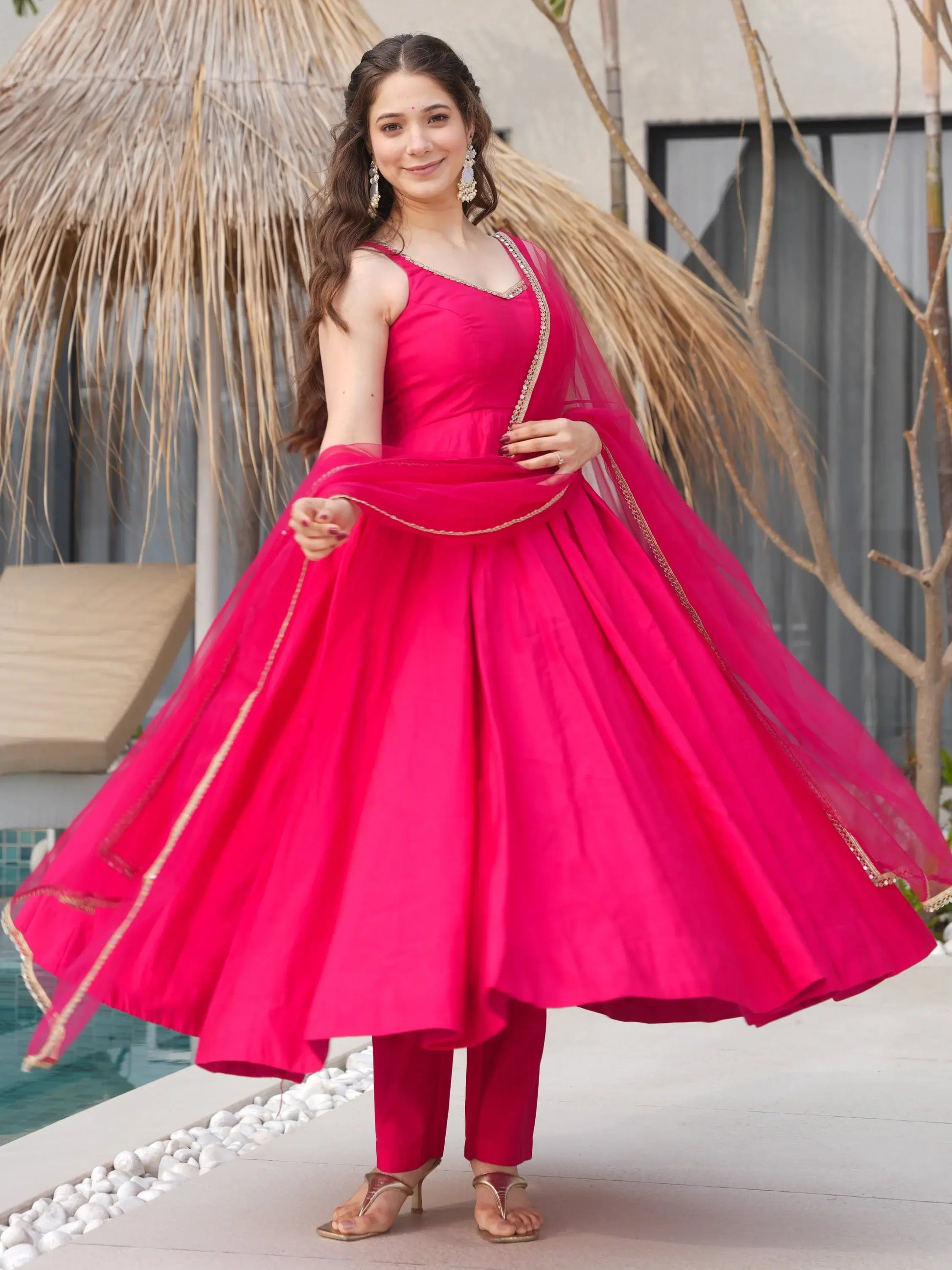 Lovely Hot Pink Chanderi Silk Anarkali Suit With Lace Work Dupatta - Zeel Clothing