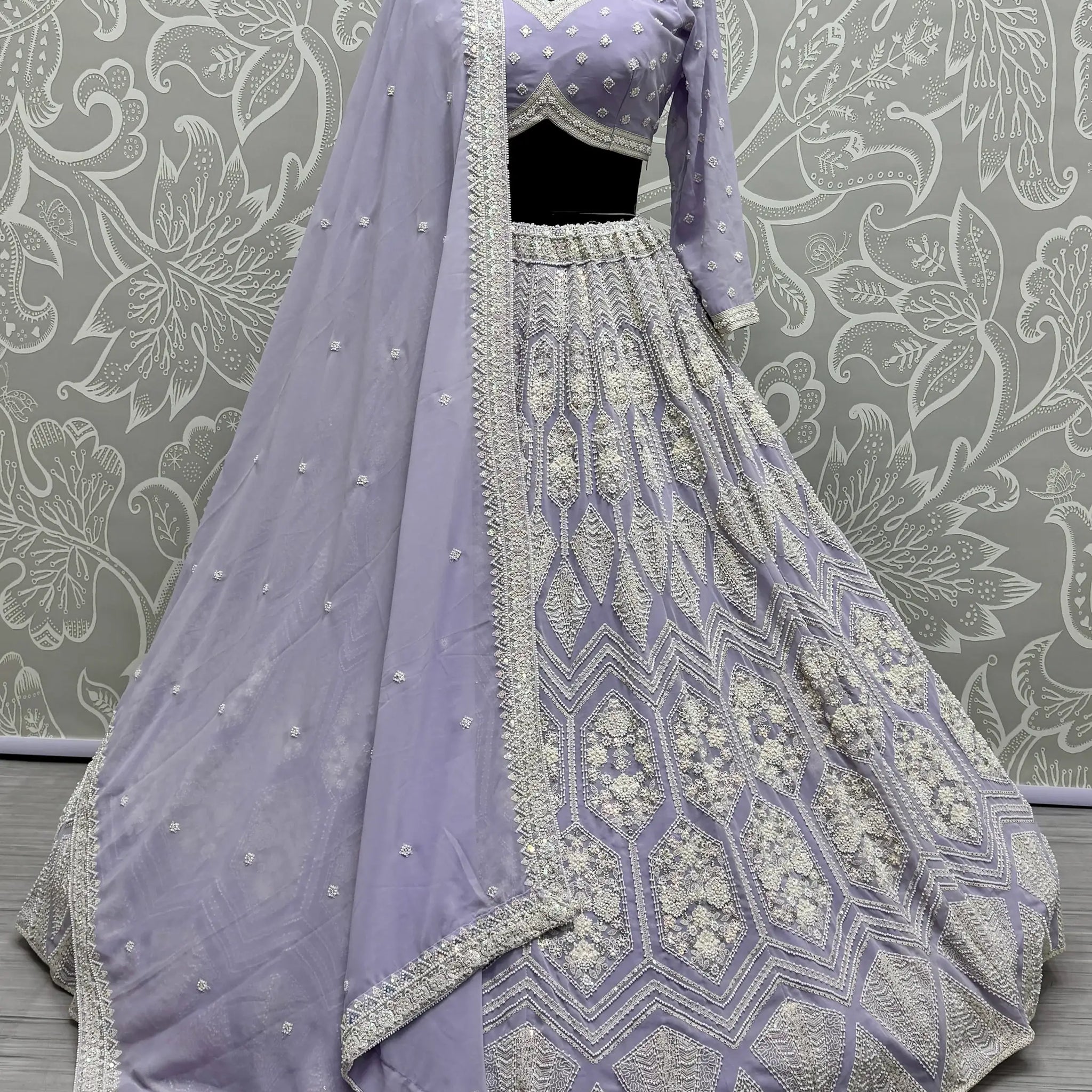 Lovely Lavender Thread Work Georgette Wedding Lehenga Choli - Zeel Clothing