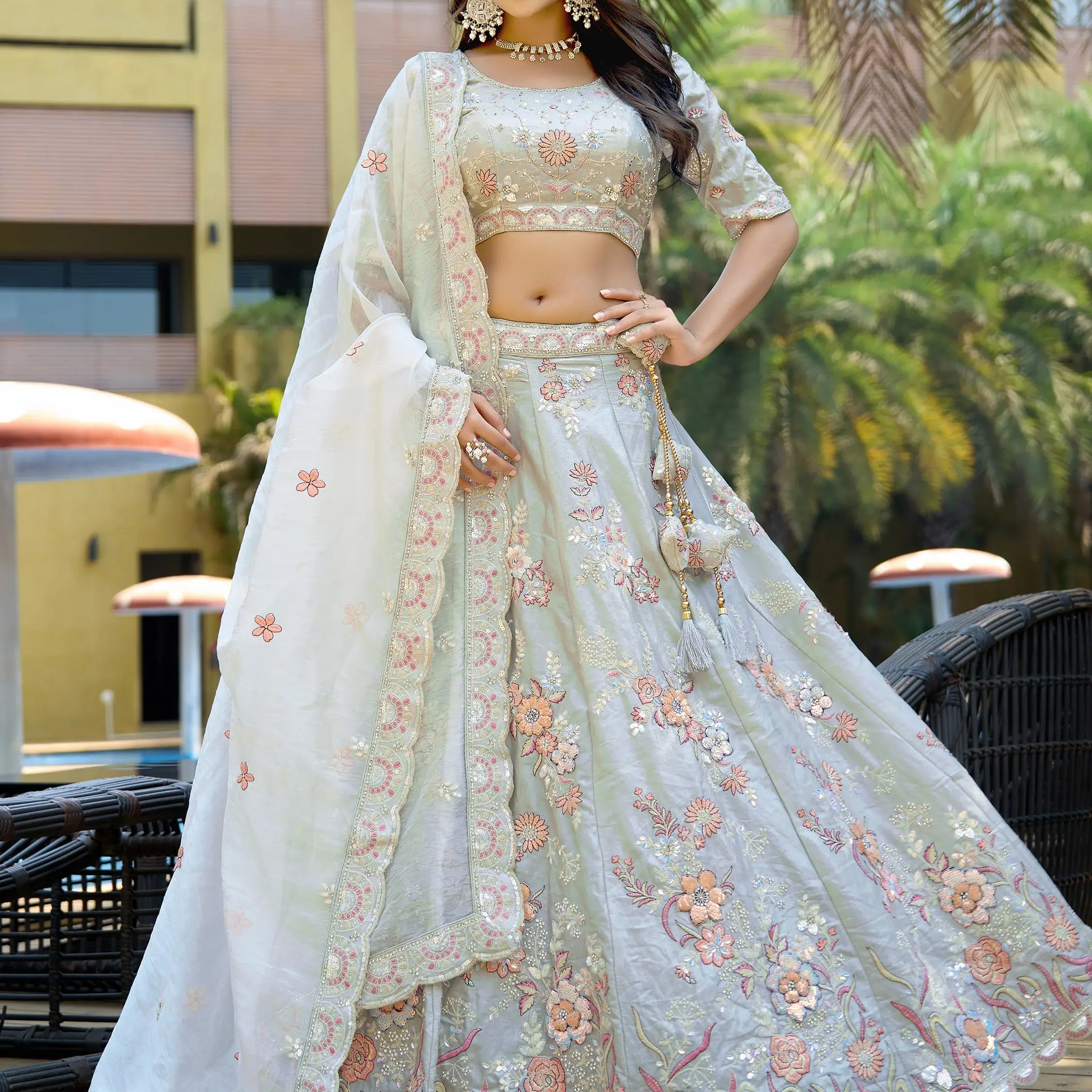 Lovely Light Grey Sequins Silk Bridesmaid Lehenga Choli With Dupatta - Zeel Clothing