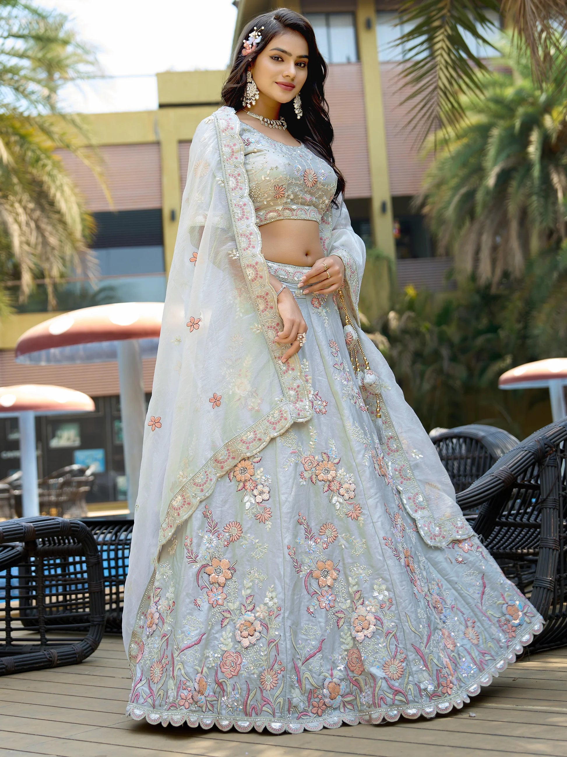 Lovely Light Grey Sequins Silk Bridesmaid Lehenga Choli With Dupatta - Zeel Clothing