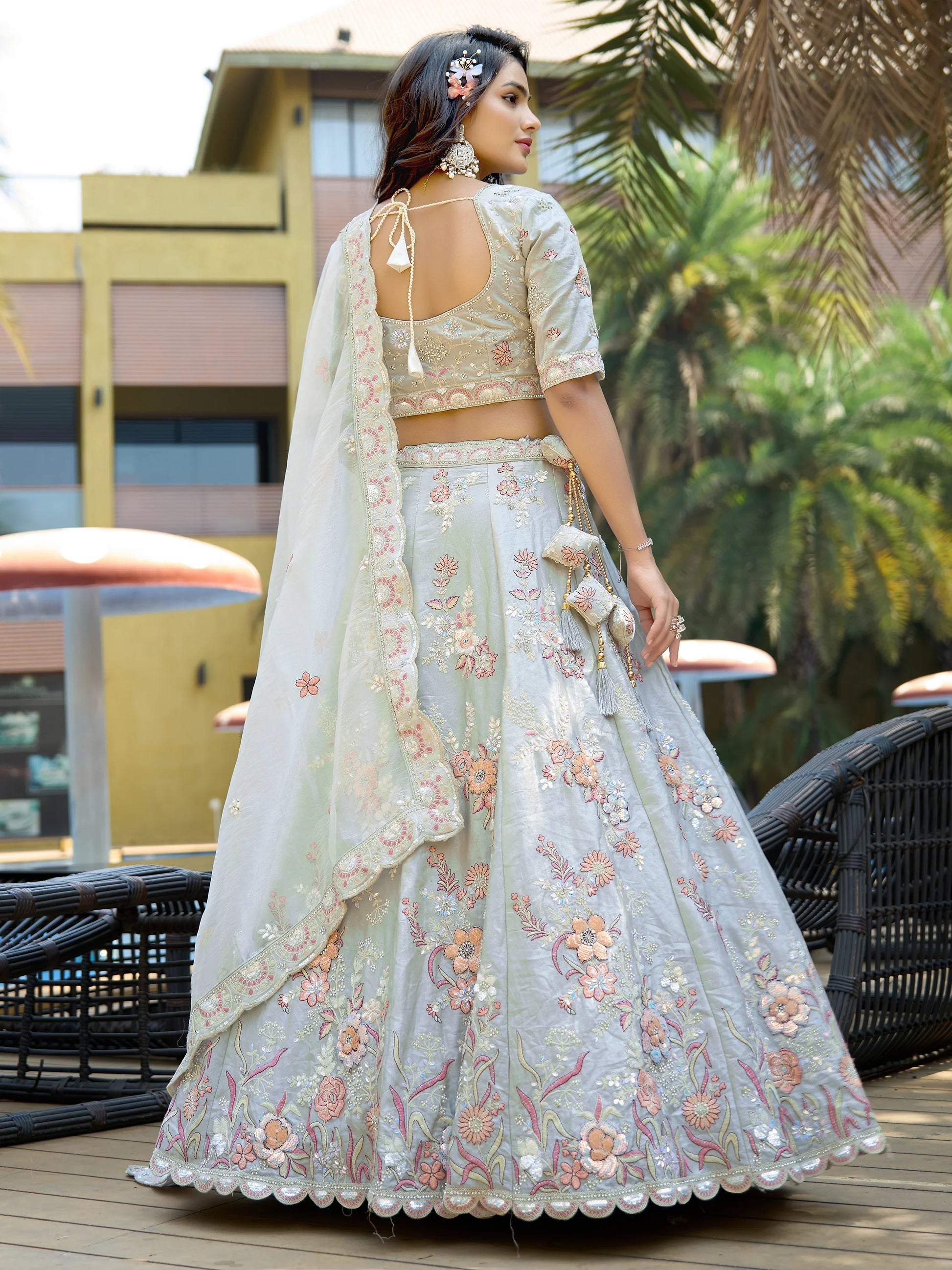 Lovely Light Grey Sequins Silk Bridesmaid Lehenga Choli With Dupatta - Zeel Clothing
