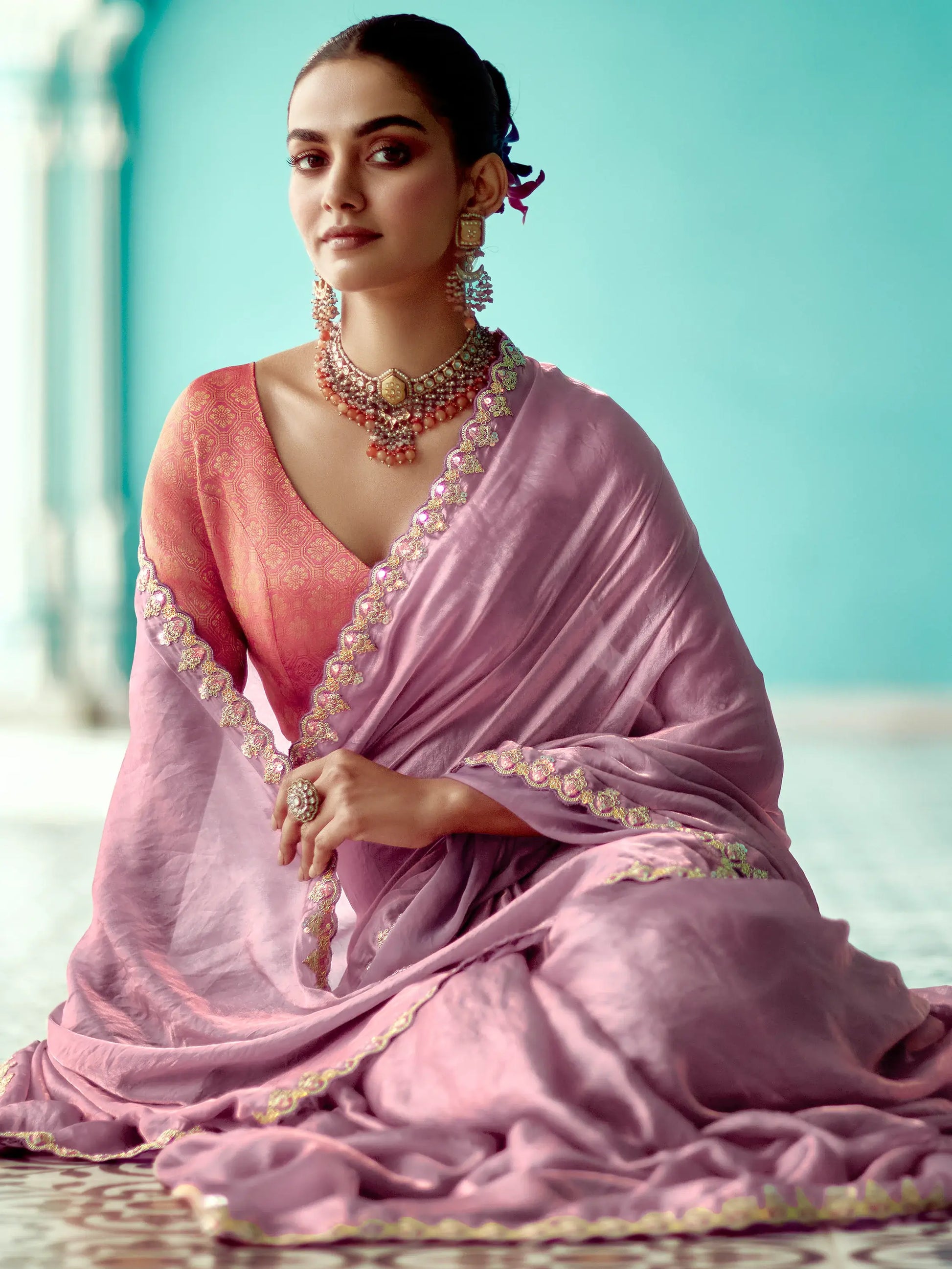 Lovely Lilac Thread Bordered Work Tissue Silk Engagement Wear Saree With Blouse - Zeel Clothing