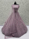 Lovely Lilac Thread Embroidered Net Monochrome Lehenga Choli With Dupatta - Zeel Clothing