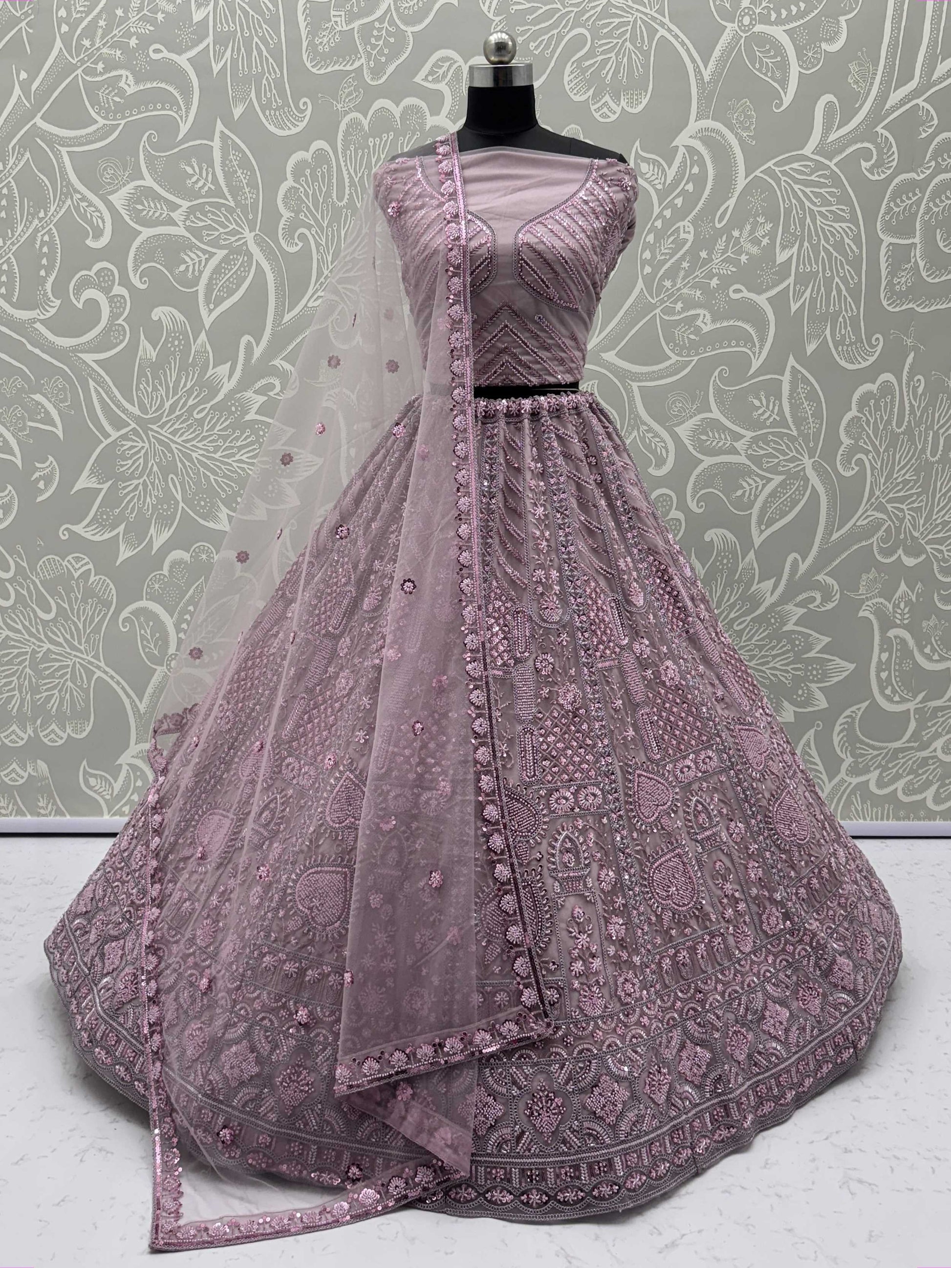 Lovely Lilac Thread Embroidered Net Monochrome Lehenga Choli With Dupatta - Zeel Clothing