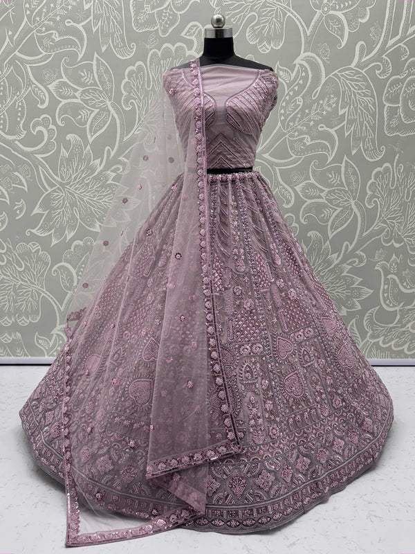 Lovely Lilac Thread Embroidered Net Monochrome Lehenga Choli With Dupatta - Zeel Clothing