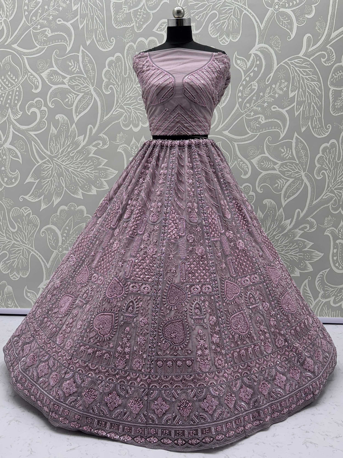 Lovely Lilac Thread Embroidered Net Monochrome Lehenga Choli With Dupatta - Zeel Clothing