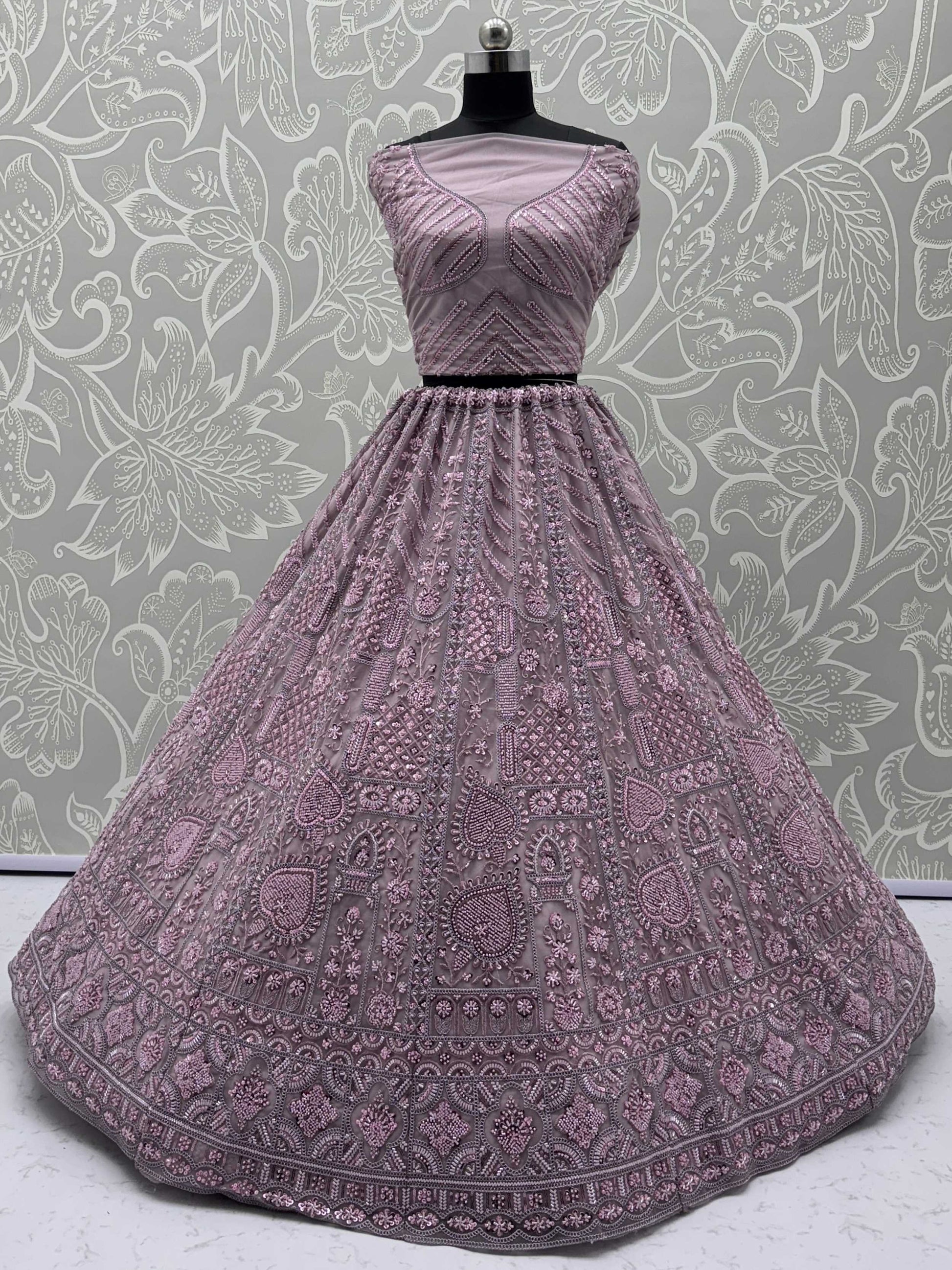 Lovely Lilac Thread Embroidered Net Monochrome Lehenga Choli With Dupatta - Zeel Clothing