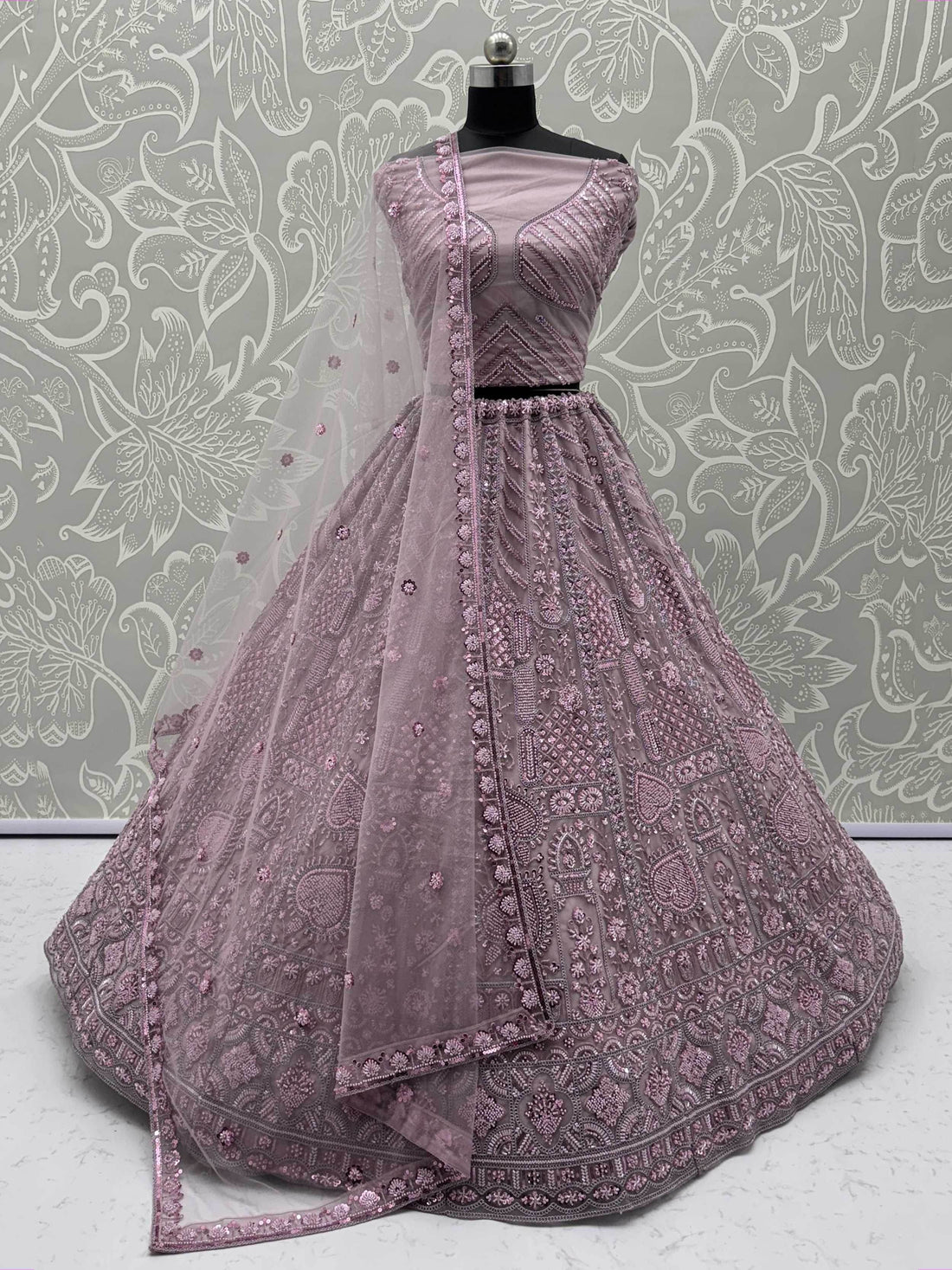 Lovely Lilac Thread Embroidered Net Monochrome Lehenga Choli With Dupatta - Zeel Clothing
