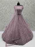Lovely Lilac Thread Embroidered Net Monochrome Lehenga Choli With Dupatta - Zeel Clothing