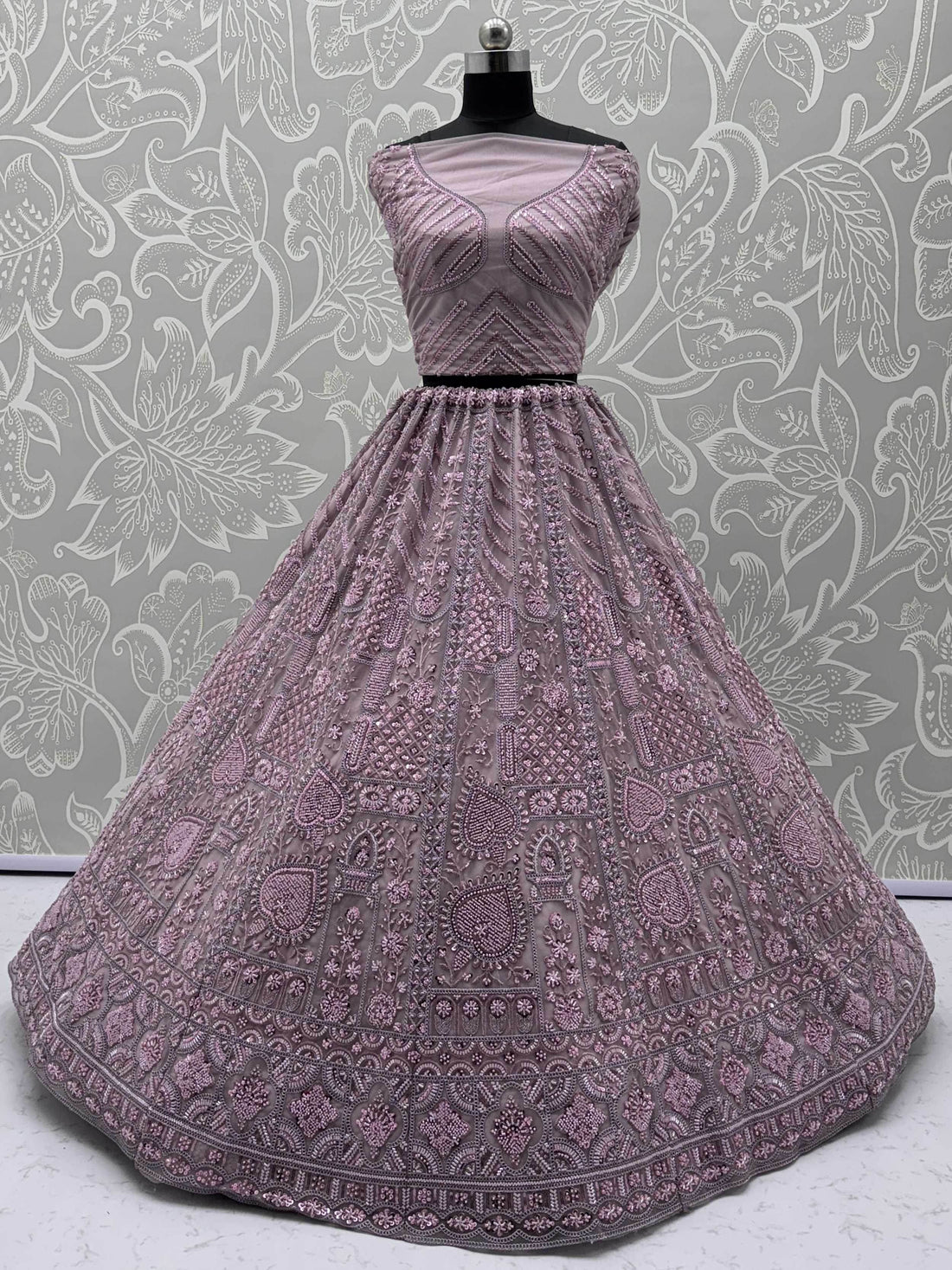 Lovely Lilac Thread Embroidered Net Monochrome Lehenga Choli With Dupatta - Zeel Clothing