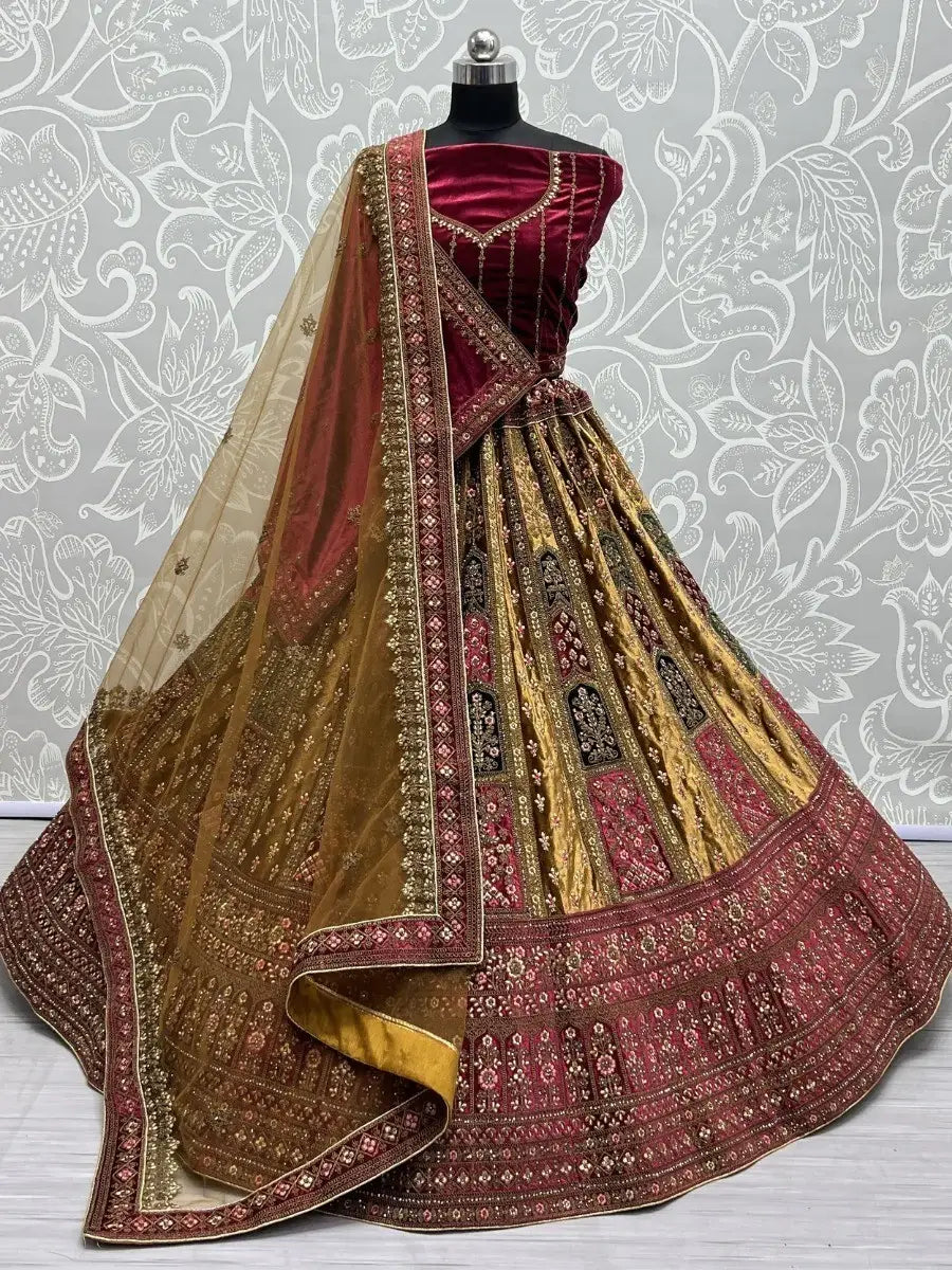 Lovely Maroon Dori Work Velvet Lehenga Choli With Double Dupatta - Zeel Clothing