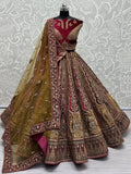 Lovely Maroon Embroidered Velvet Bridal Lehenga Choli With Double Dupatta - Zeel Clothing
