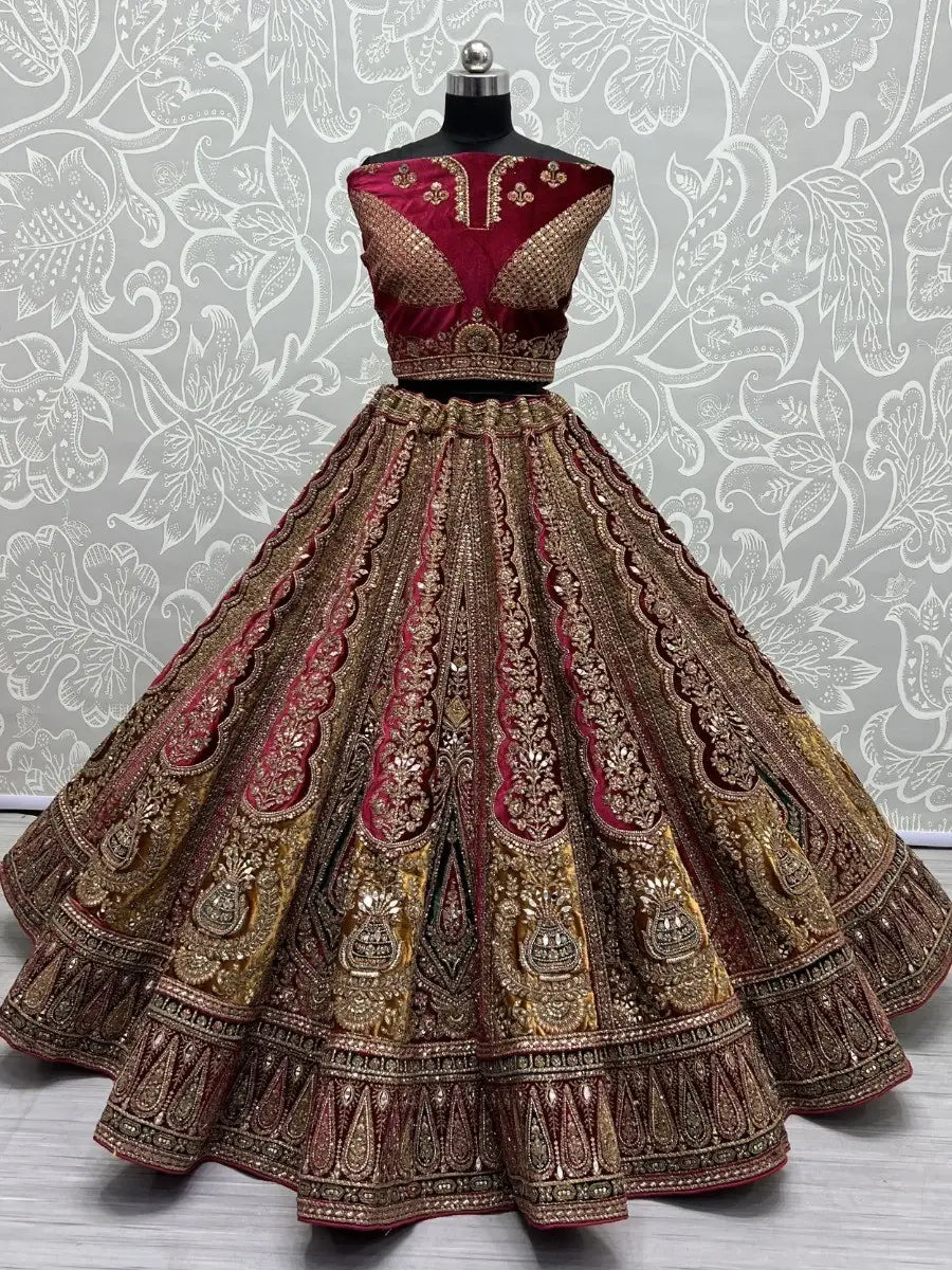 Lovely Maroon Embroidered Velvet Bridal Lehenga Choli With Double Dupatta - Zeel Clothing