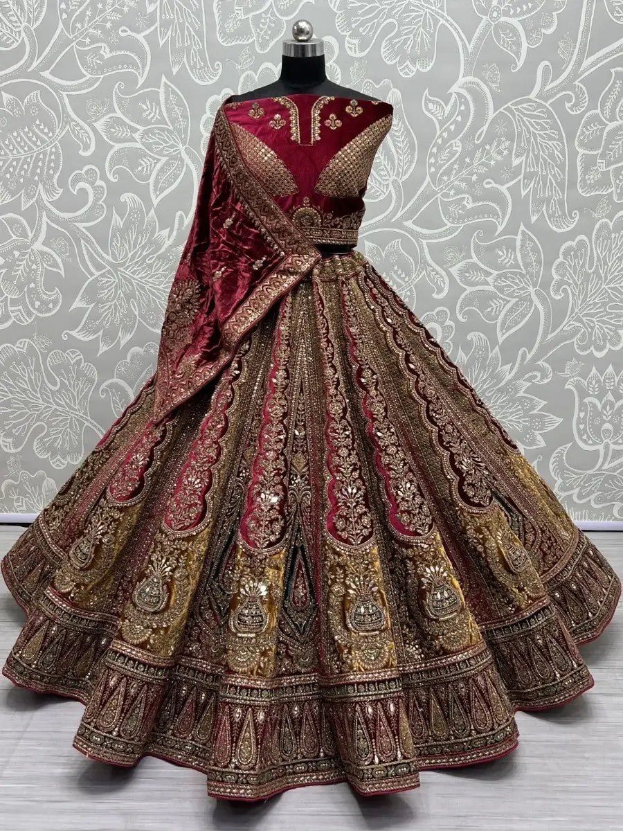 Lovely Maroon Embroidered Velvet Bridal Lehenga Choli With Double Dupatta - Zeel Clothing