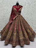 Lovely Maroon Embroidered Velvet Bridal Lehenga Choli With Double Dupatta - Zeel Clothing