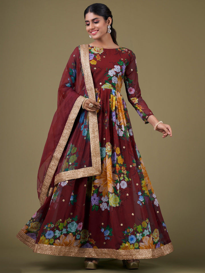 Lovely Maroon Floral Printed Georgette Festive Wear Gown With Dupatta