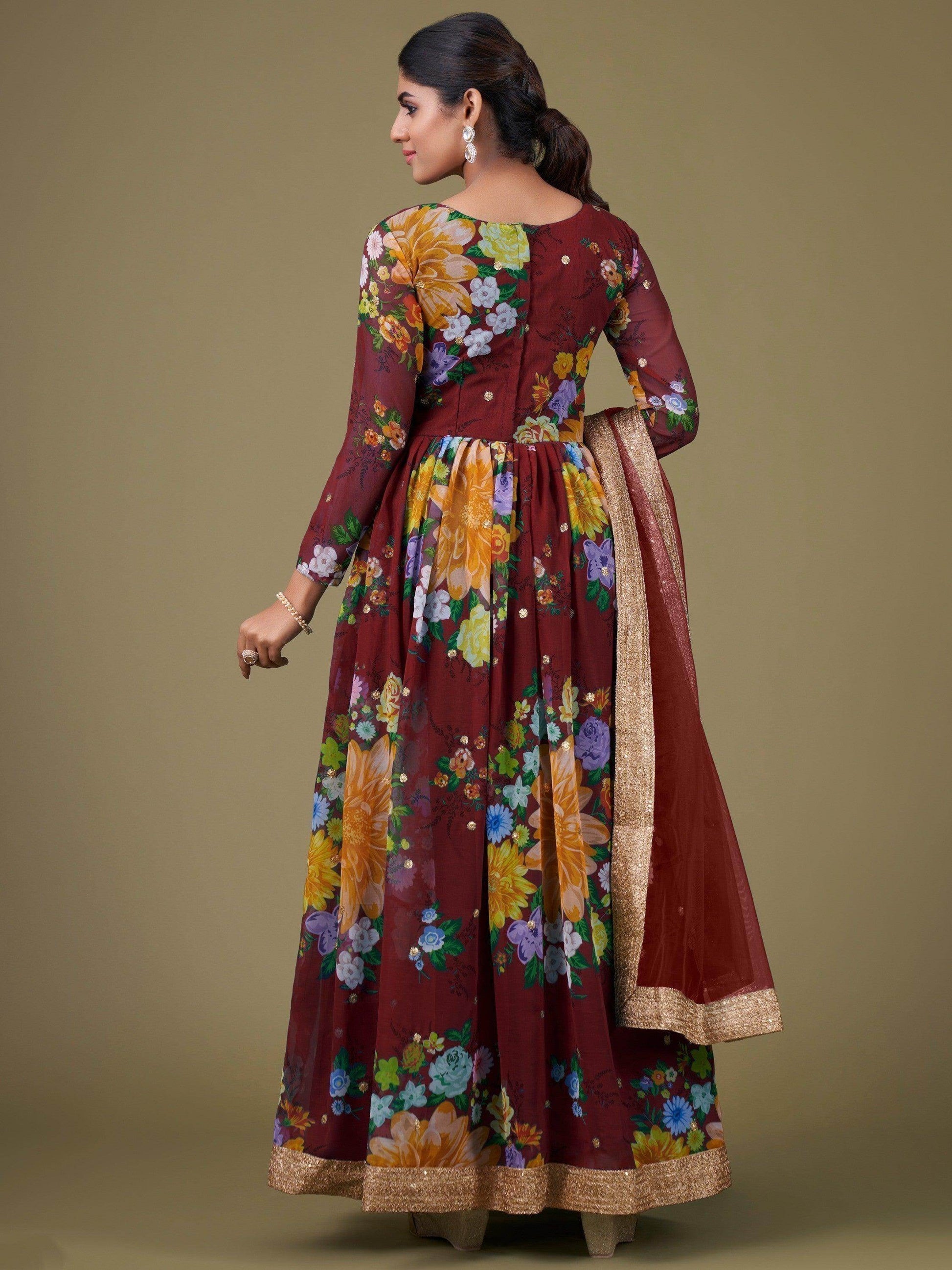 Lovely Maroon Floral Printed Georgette Festive Wear Gown With Dupatta - Zeel Clothing