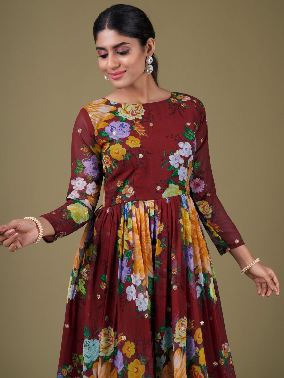 Lovely Maroon Floral Printed Georgette Festive Wear Gown With Dupatta
