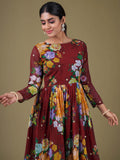 Lovely Maroon Floral Printed Georgette Festive Wear Gown With Dupatta - Zeel Clothing
