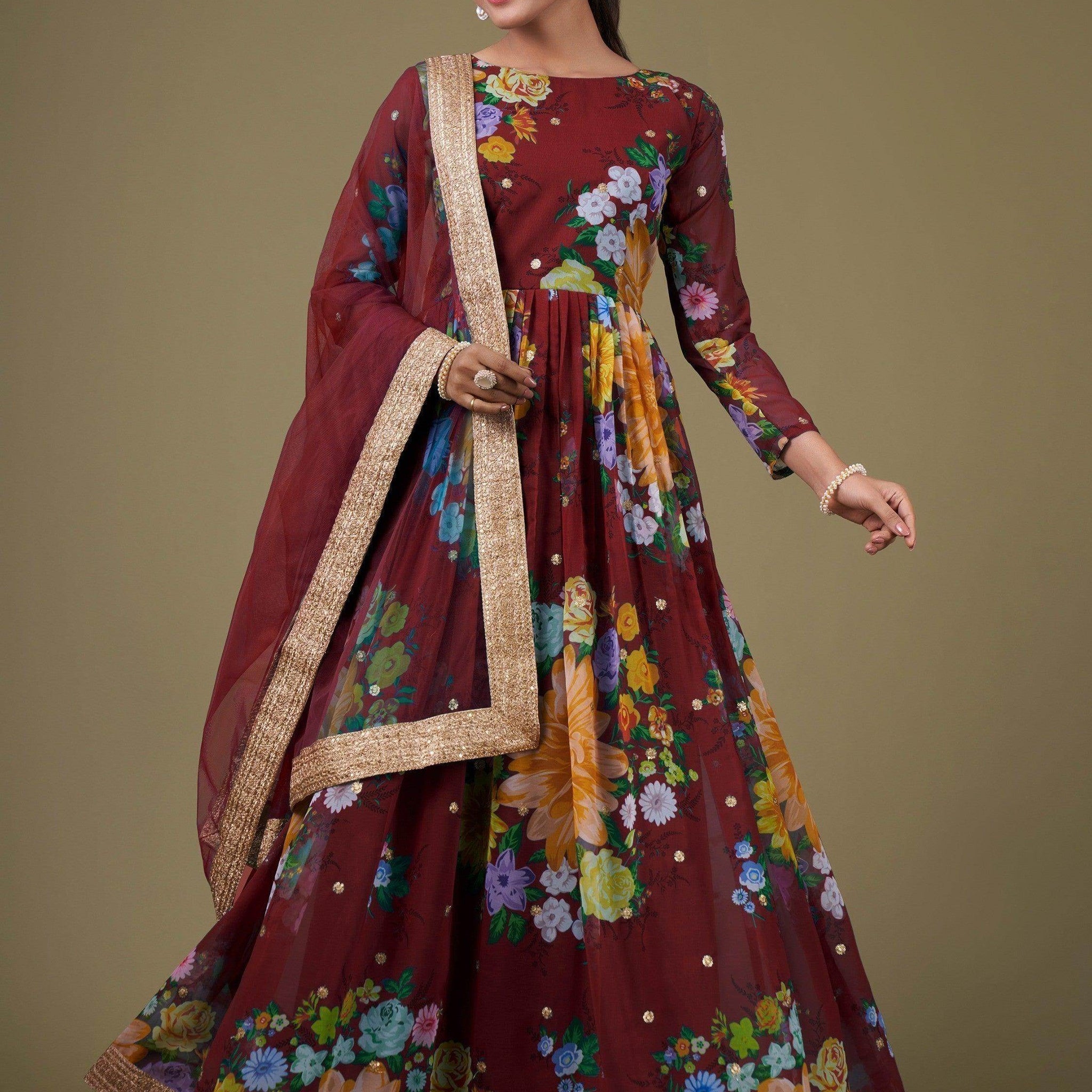 Lovely Maroon Floral Printed Georgette Festive Wear Gown With Dupatta - Zeel Clothing