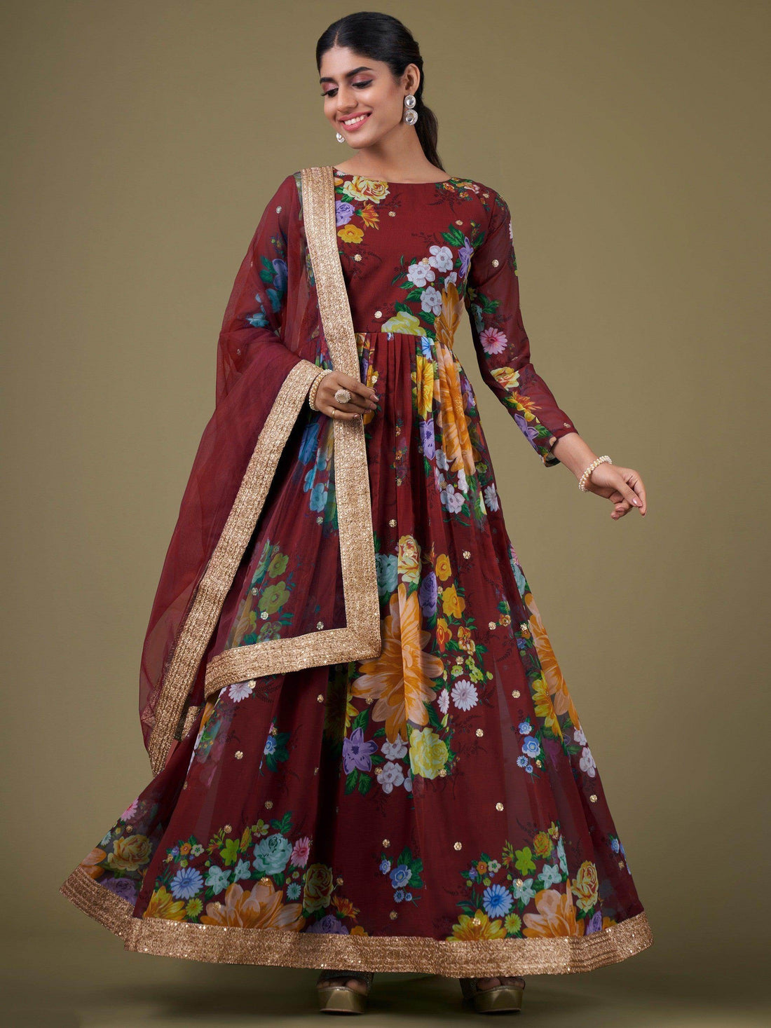 Lovely Maroon Floral Printed Georgette Festive Wear Gown With Dupatta - Zeel Clothing