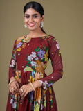 Lovely Maroon Floral Printed Georgette Festive Wear Gown With Dupatta - Zeel Clothing