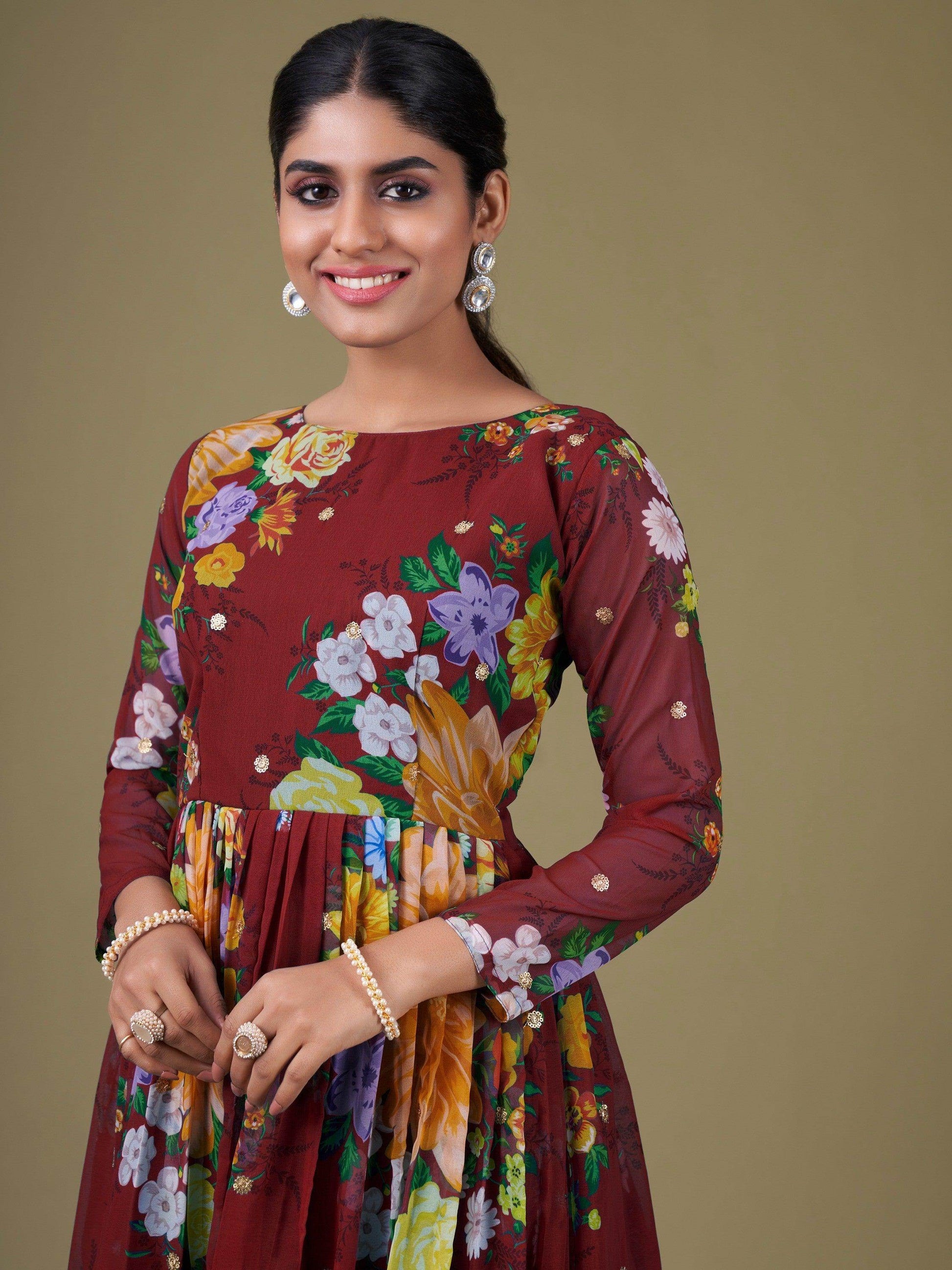 Lovely Maroon Floral Printed Georgette Festive Wear Gown With Dupatta - Zeel Clothing