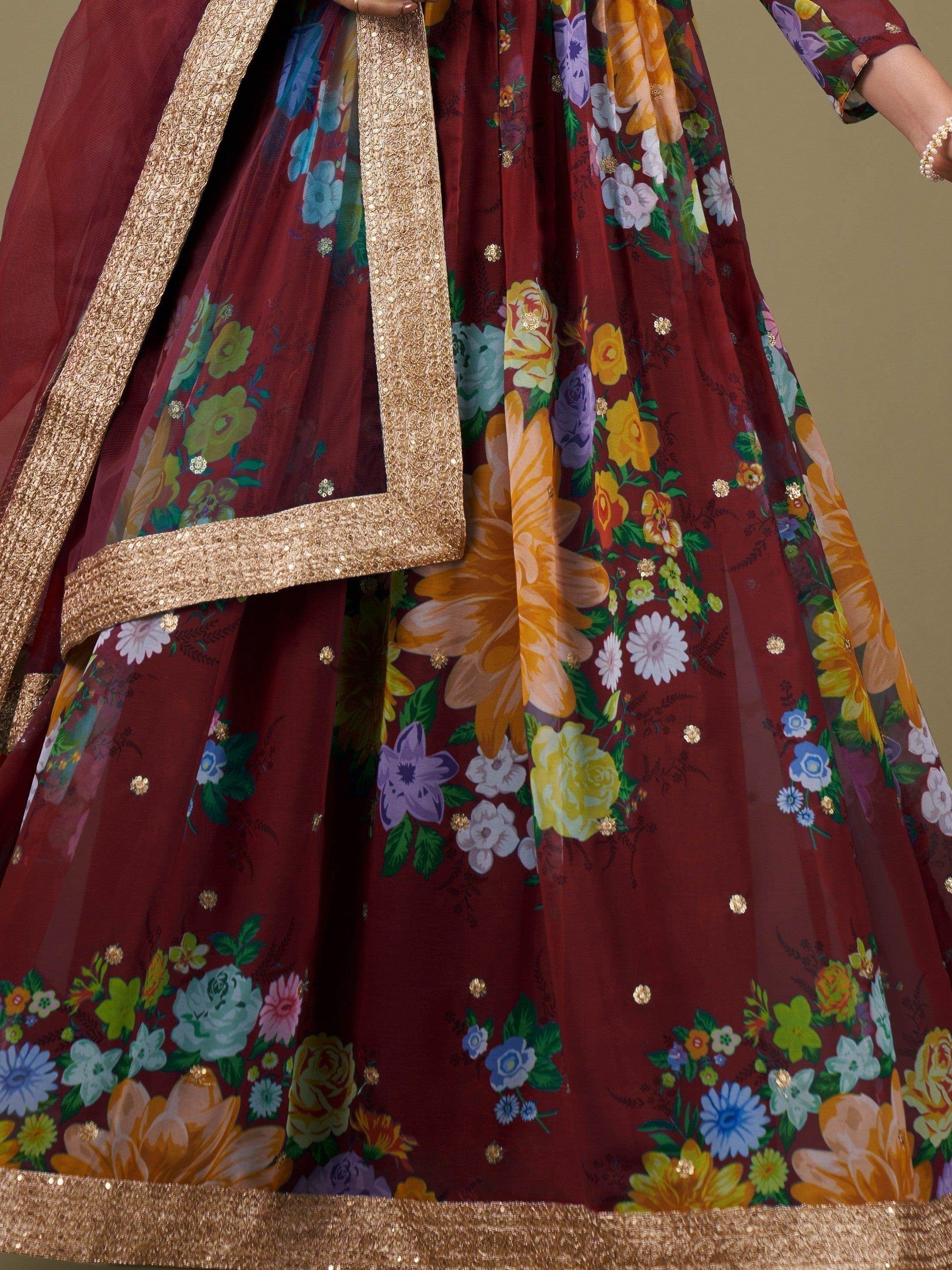 Lovely Maroon Floral Printed Georgette Festive Wear Gown With Dupatta - Zeel Clothing