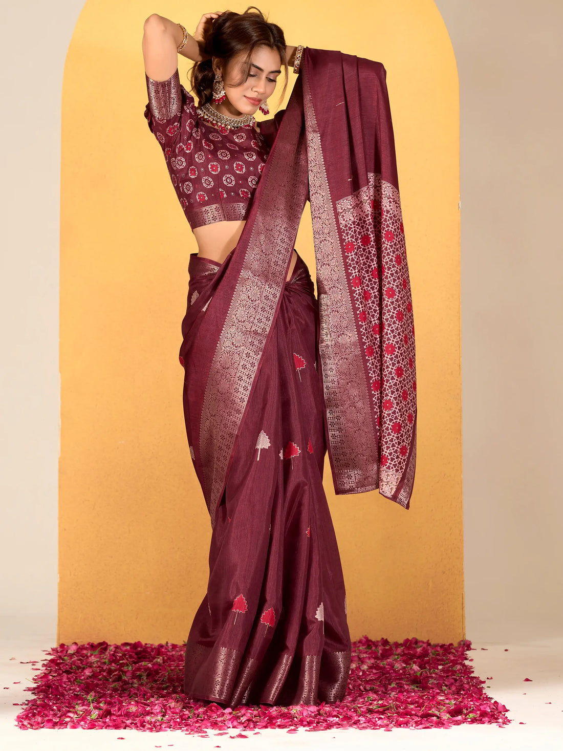 Lovely Maroon Printed Dola Silk Traditional Saree With Blouse - Zeel Clothing