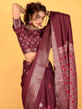Lovely Maroon Printed Dola Silk Traditional Saree With Blouse - Zeel Clothing