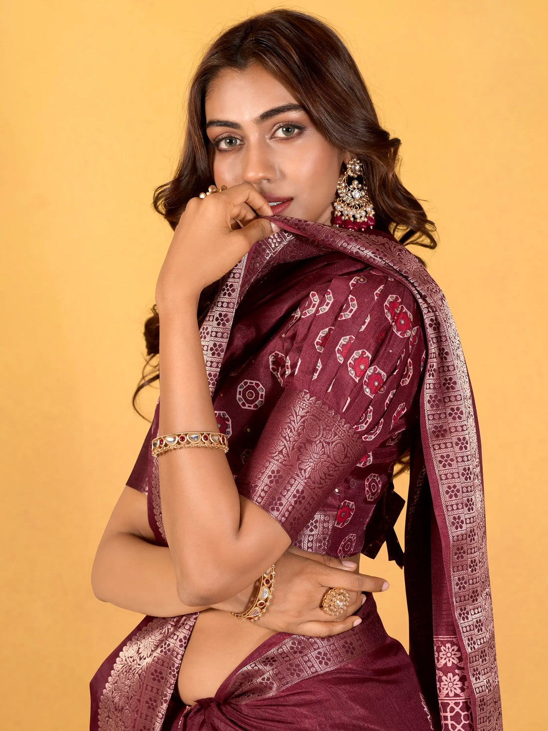 Lovely Maroon Printed Dola Silk Traditional Saree With Blouse - Zeel Clothing