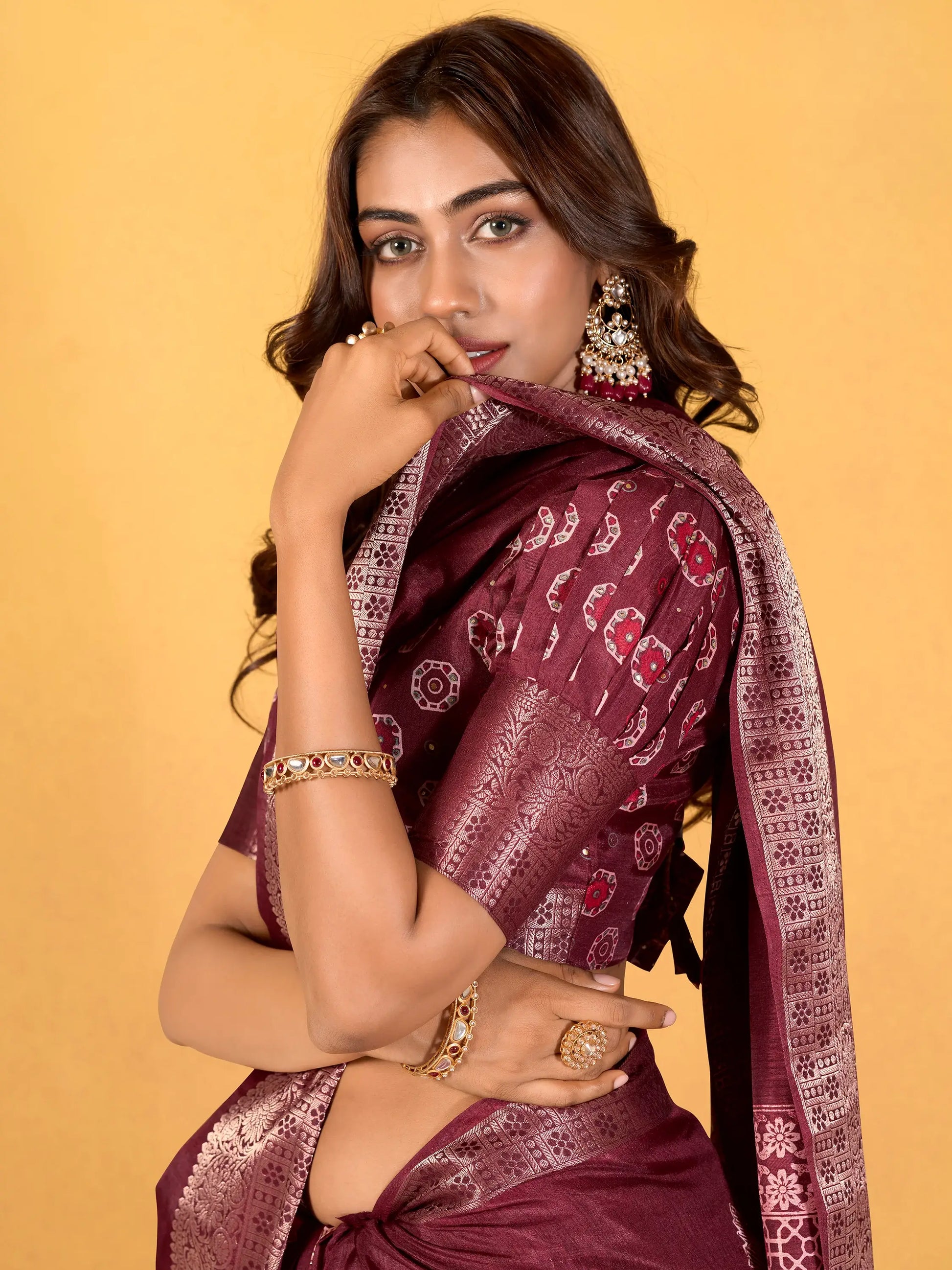 Lovely Maroon Printed Dola Silk Traditional Saree With Blouse - Zeel Clothing