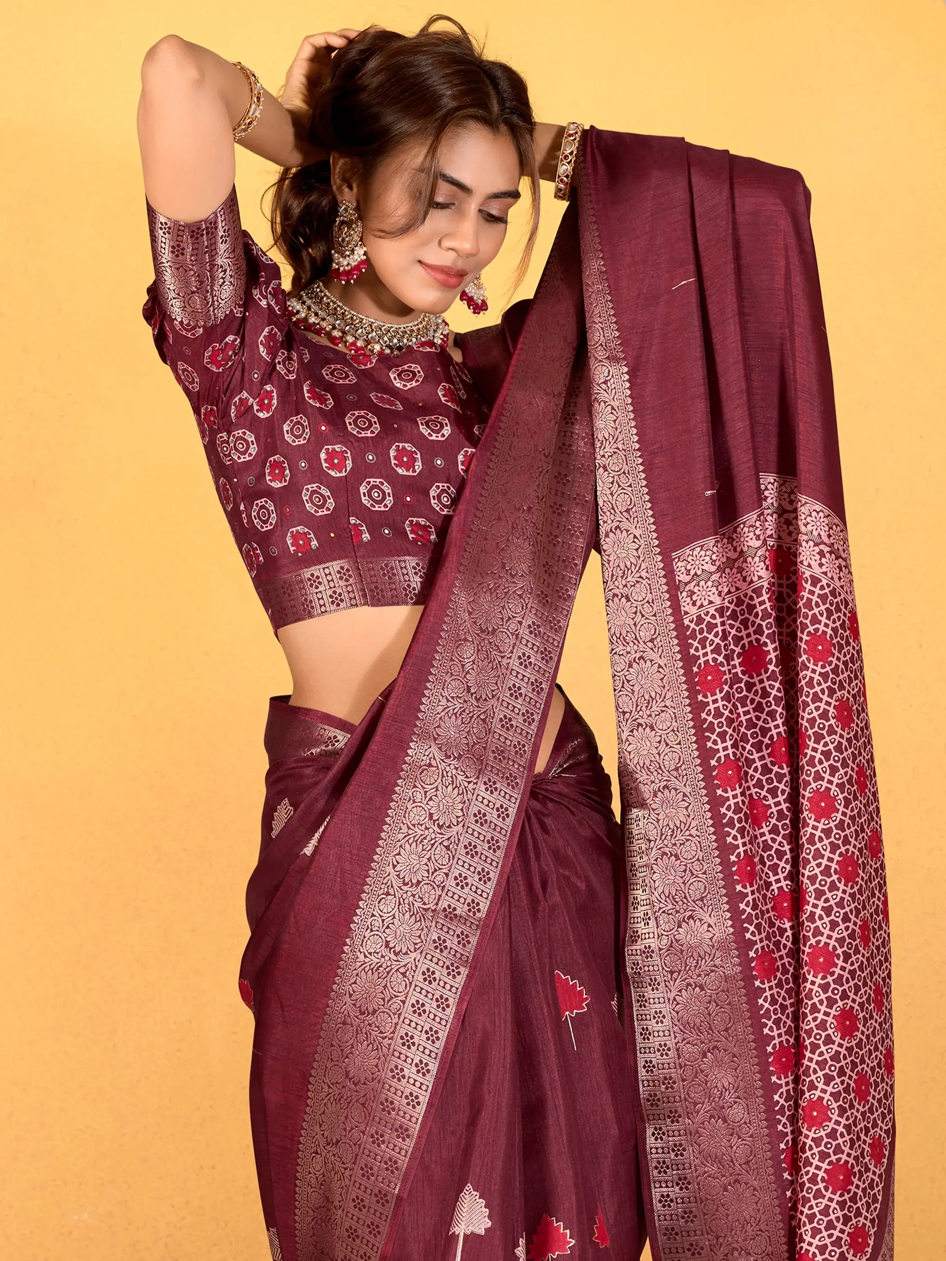 Lovely Maroon Printed Dola Silk Traditional Saree With Blouse - Zeel Clothing