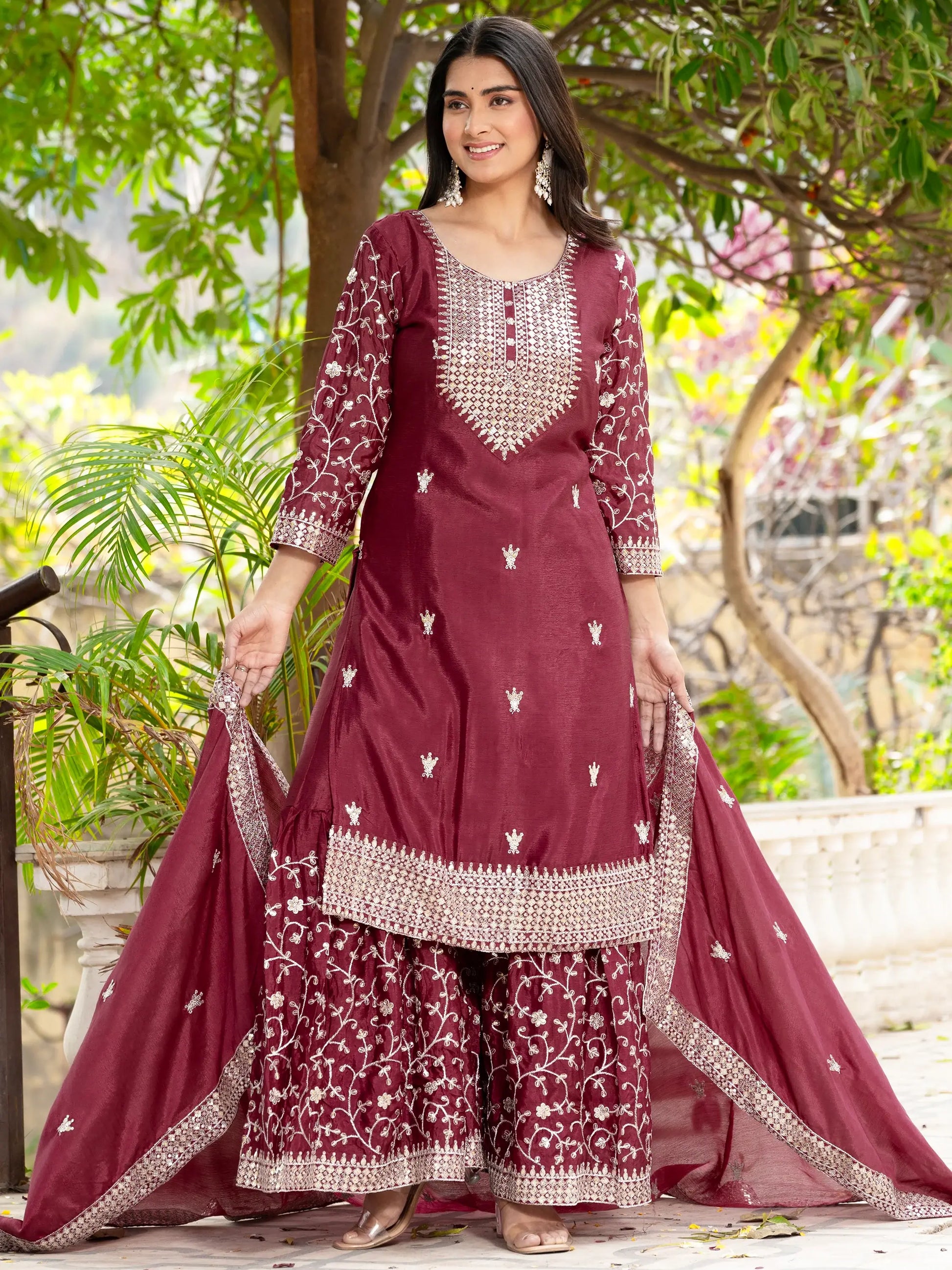 Lovely Maroon Sequins Chinon Festival Wear Sharara Suit With Dupatta - Zeel Clothing