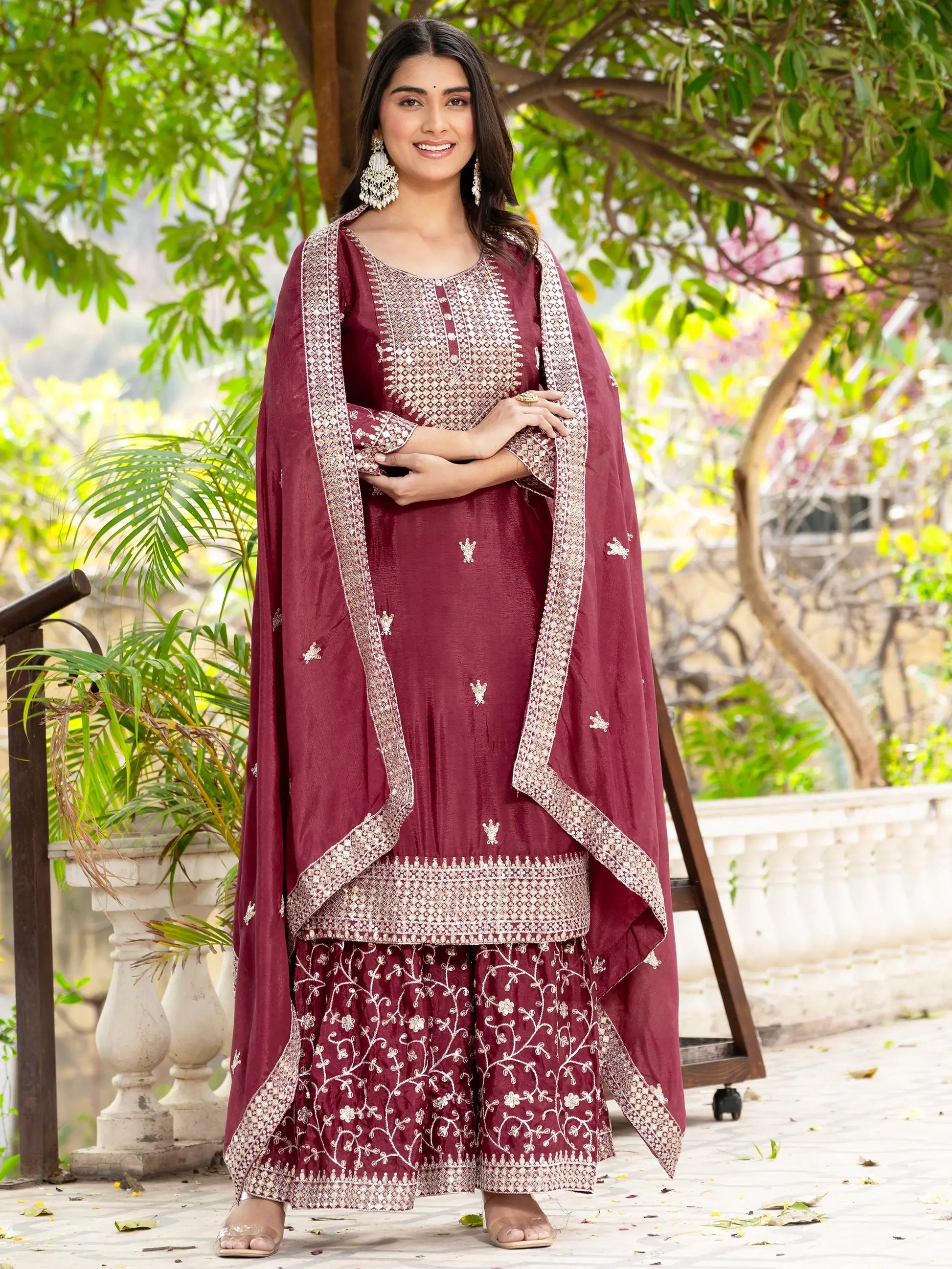 Lovely Maroon Sequins Chinon Festival Wear Sharara Suit With Dupatta - Zeel Clothing
