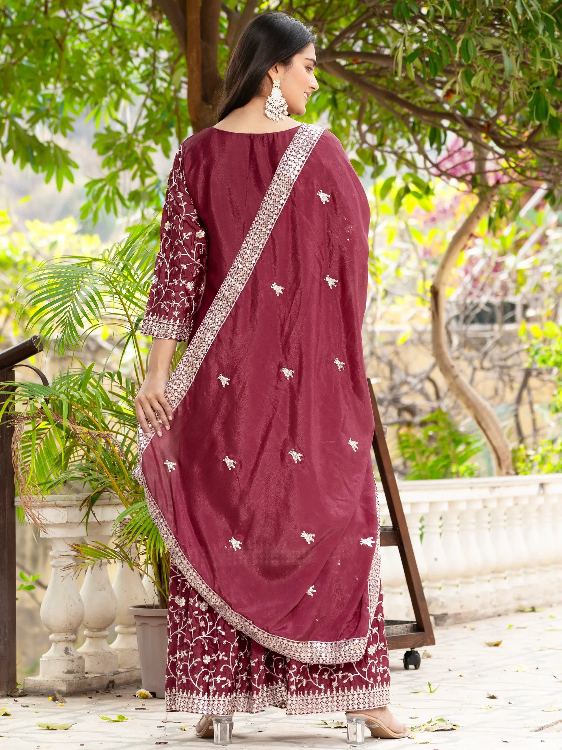 Lovely Maroon Sequins Chinon Festival Wear Sharara Suit With Dupatta - Zeel Clothing