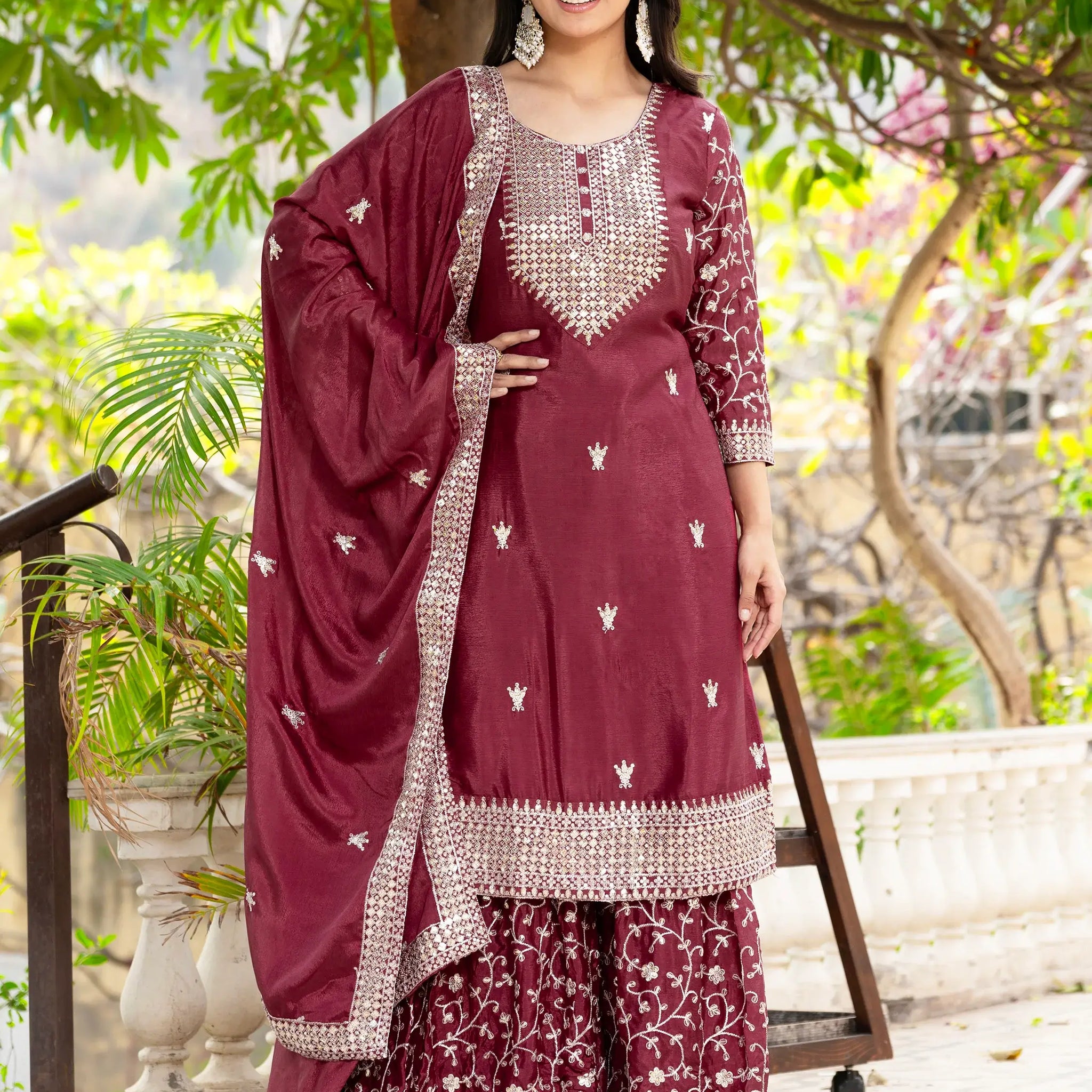Lovely Maroon Sequins Chinon Festival Wear Sharara Suit With Dupatta - Zeel Clothing