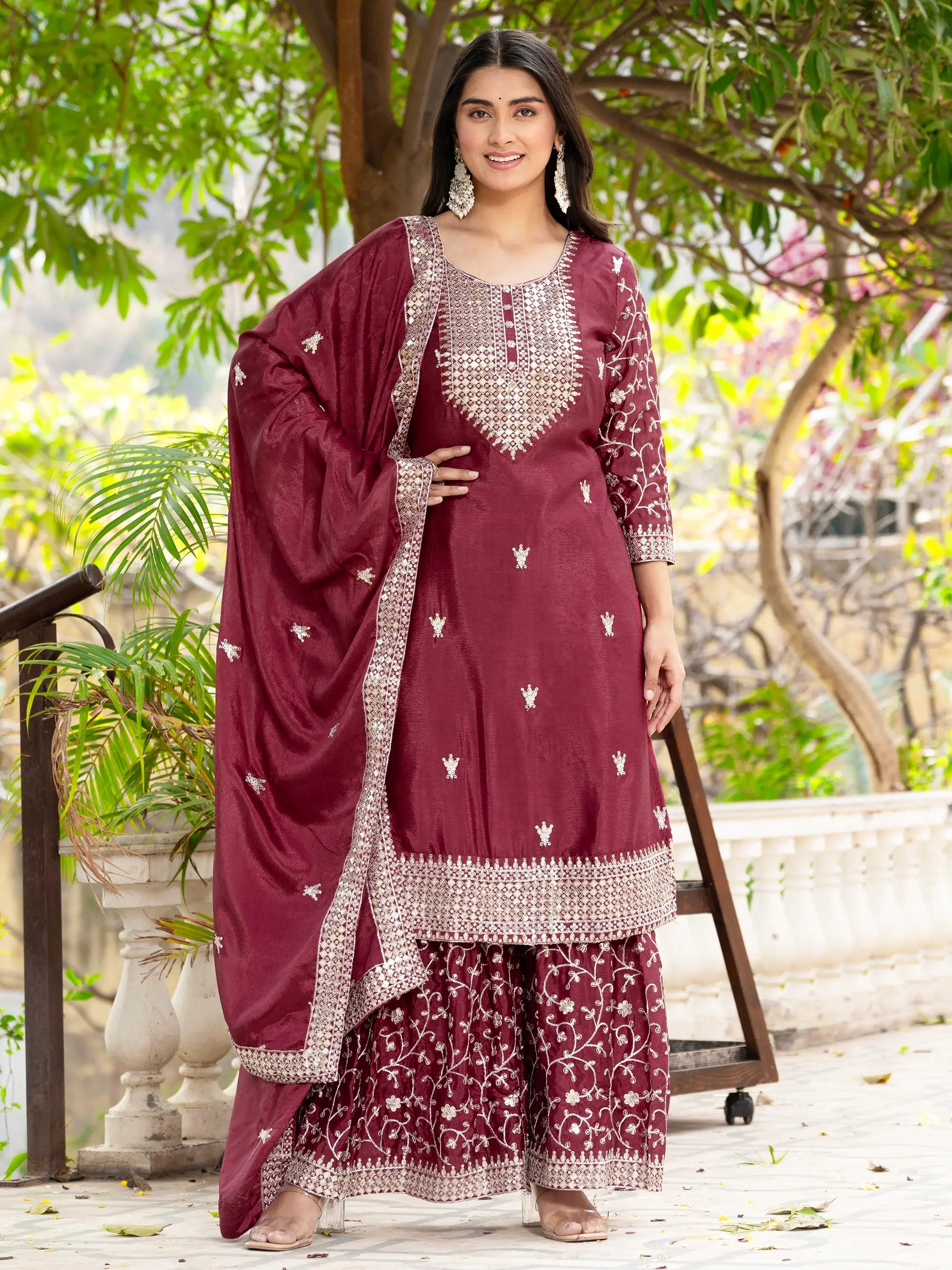 Lovely Maroon Sequins Chinon Festival Wear Sharara Suit With Dupatta - Zeel Clothing