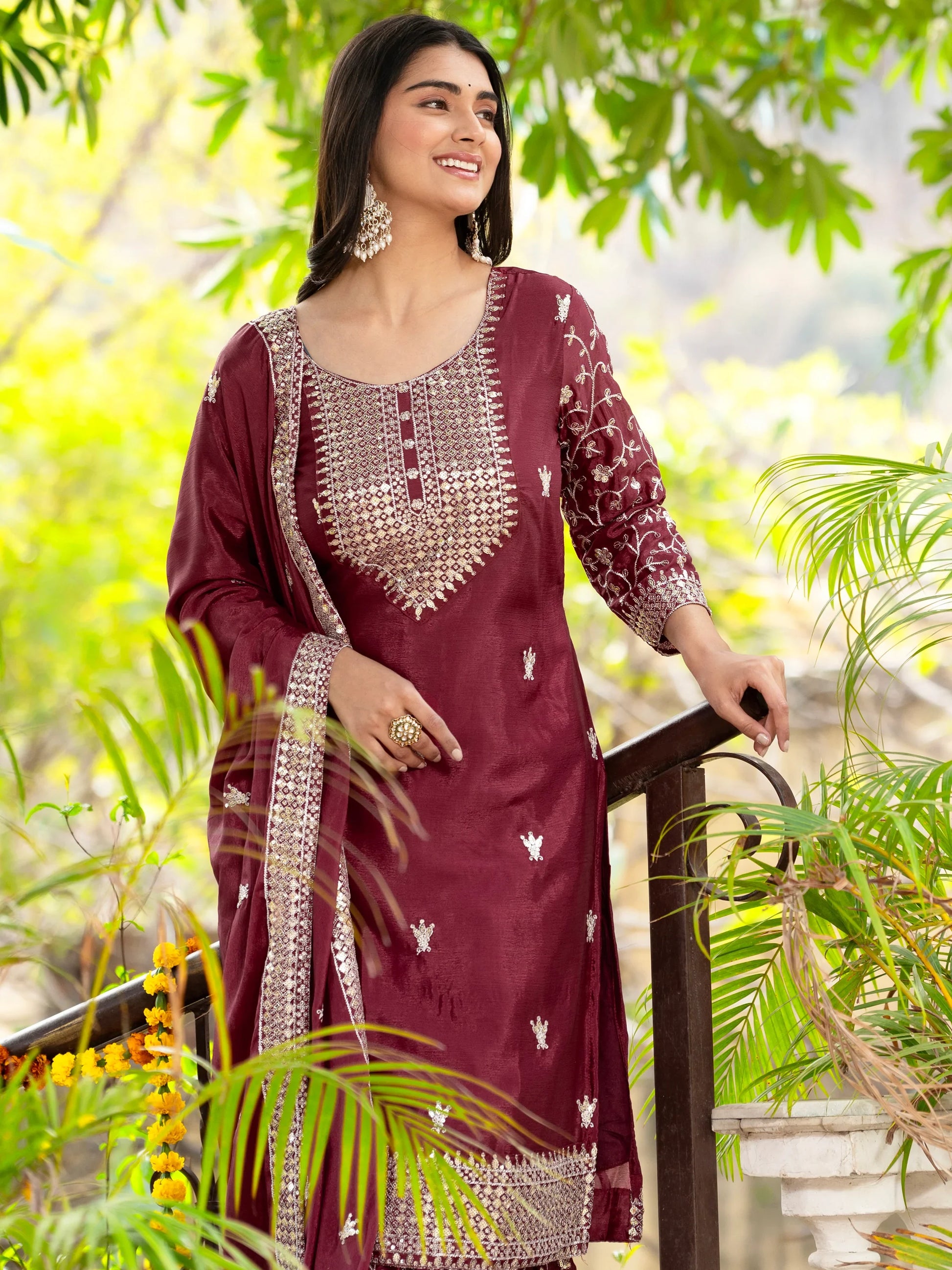 Lovely Maroon Sequins Chinon Festival Wear Sharara Suit With Dupatta - Zeel Clothing