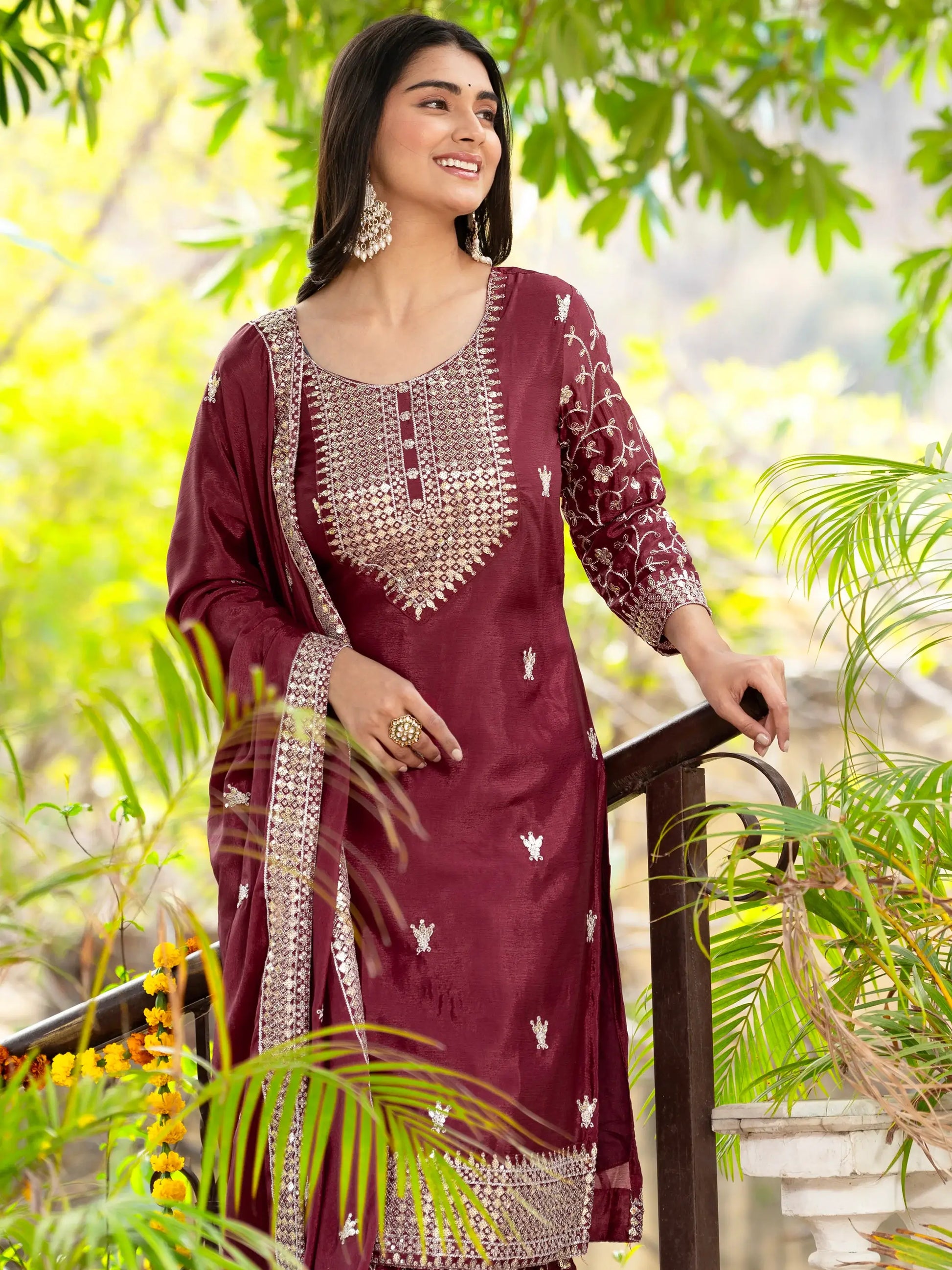 Lovely Maroon Sequins Chinon Festival Wear Sharara Suit With Dupatta - Zeel Clothing