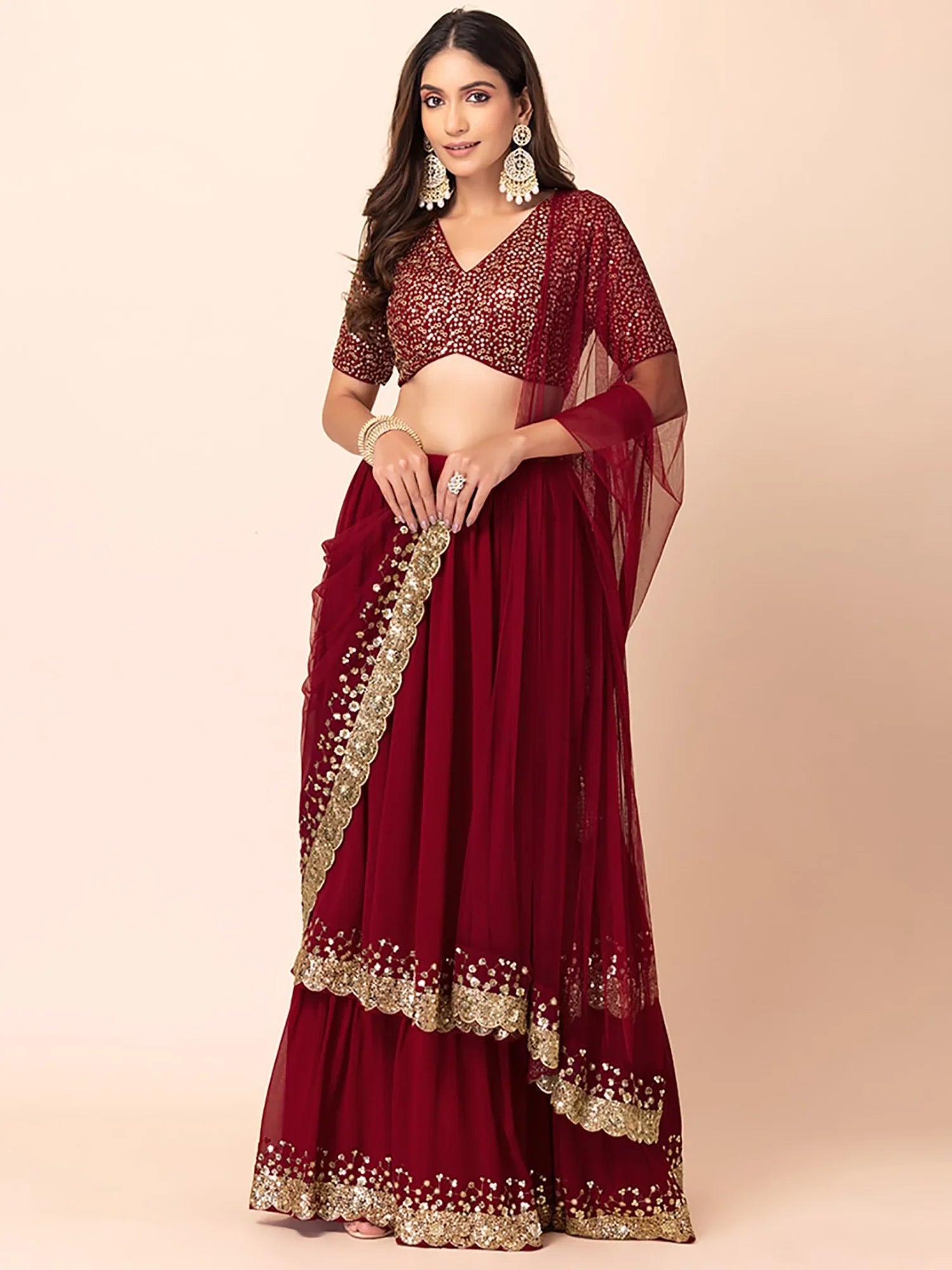 Lovely Maroon Sequins Georgette Designer Lehenga Choli With Dupatta - Zeel Clothing