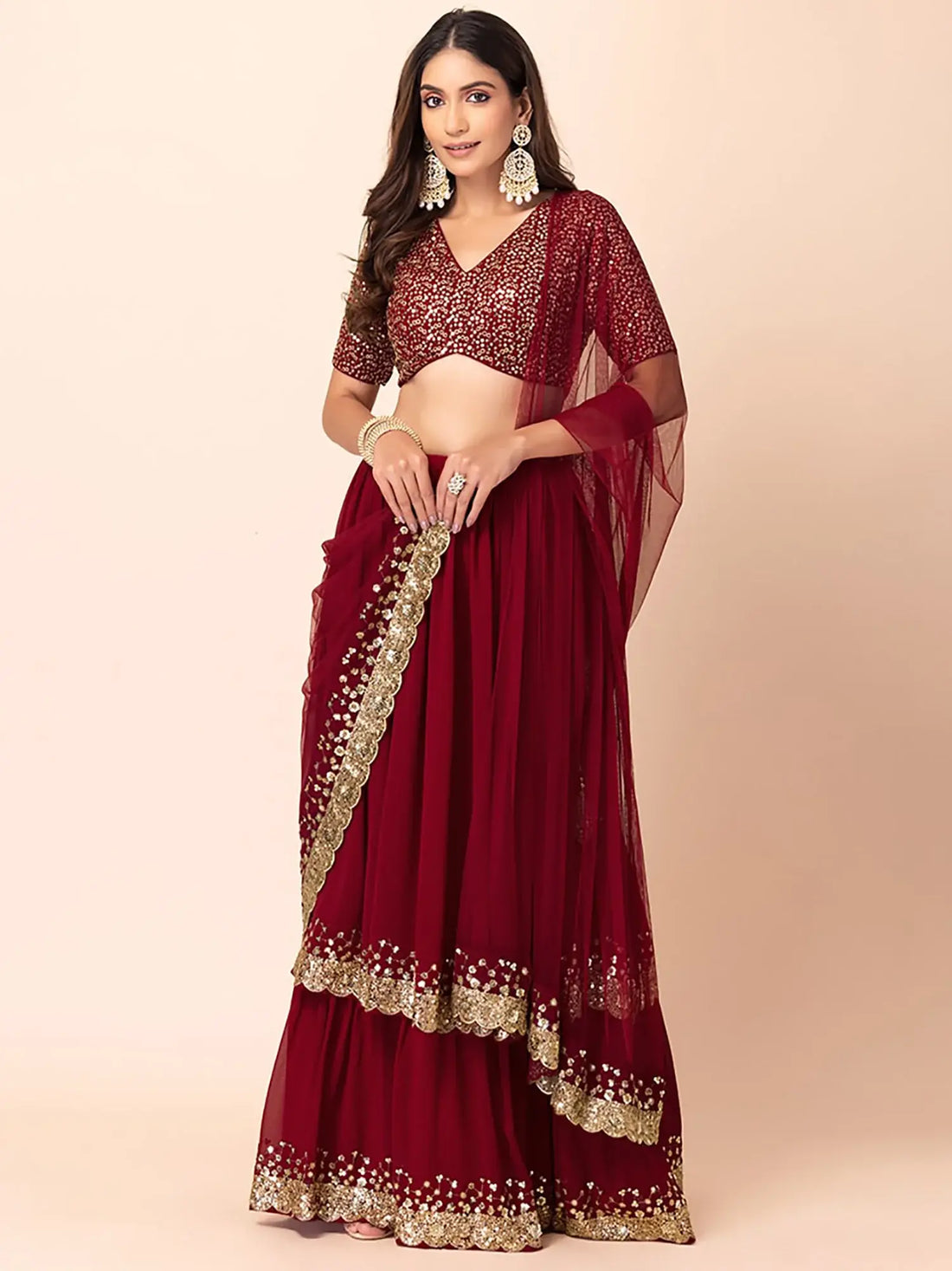 Lovely Maroon Sequins Georgette Designer Lehenga Choli With Dupatta - Zeel Clothing