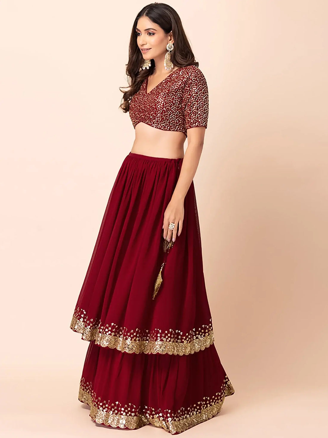 Lovely Maroon Sequins Georgette Designer Lehenga Choli With Dupatta - Zeel Clothing