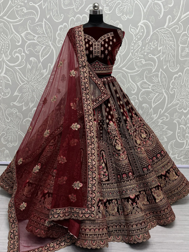 Lovely Maroon Sequins Velvet Bridal Lehenga Choli With Double Dupatta - Zeel Clothing