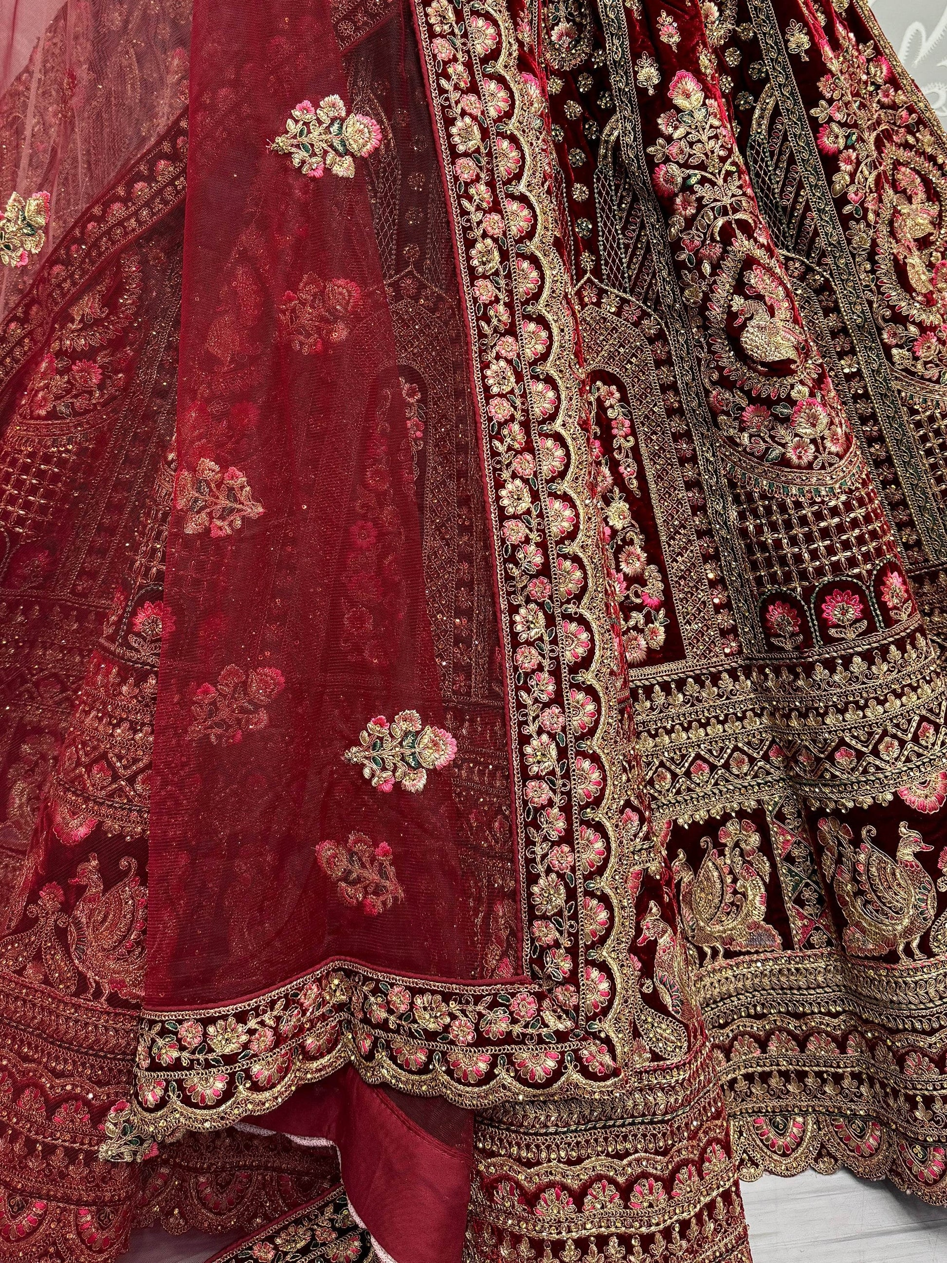 Lovely Maroon Sequins Velvet Bridal Lehenga Choli With Double Dupatta - Zeel Clothing