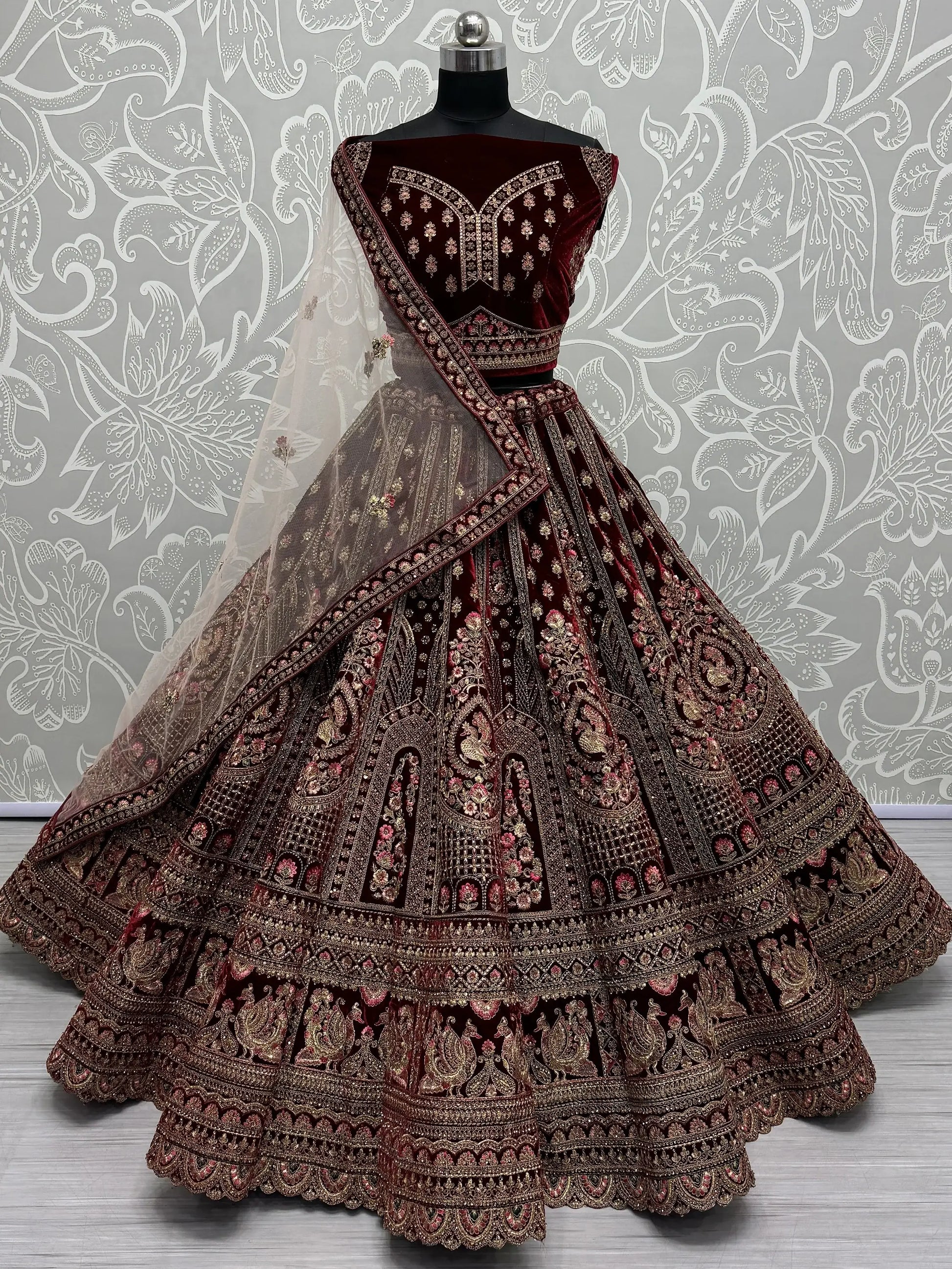 Lovely Maroon Sequins Velvet Bridal Lehenga Choli With Double Dupatta - Zeel Clothing