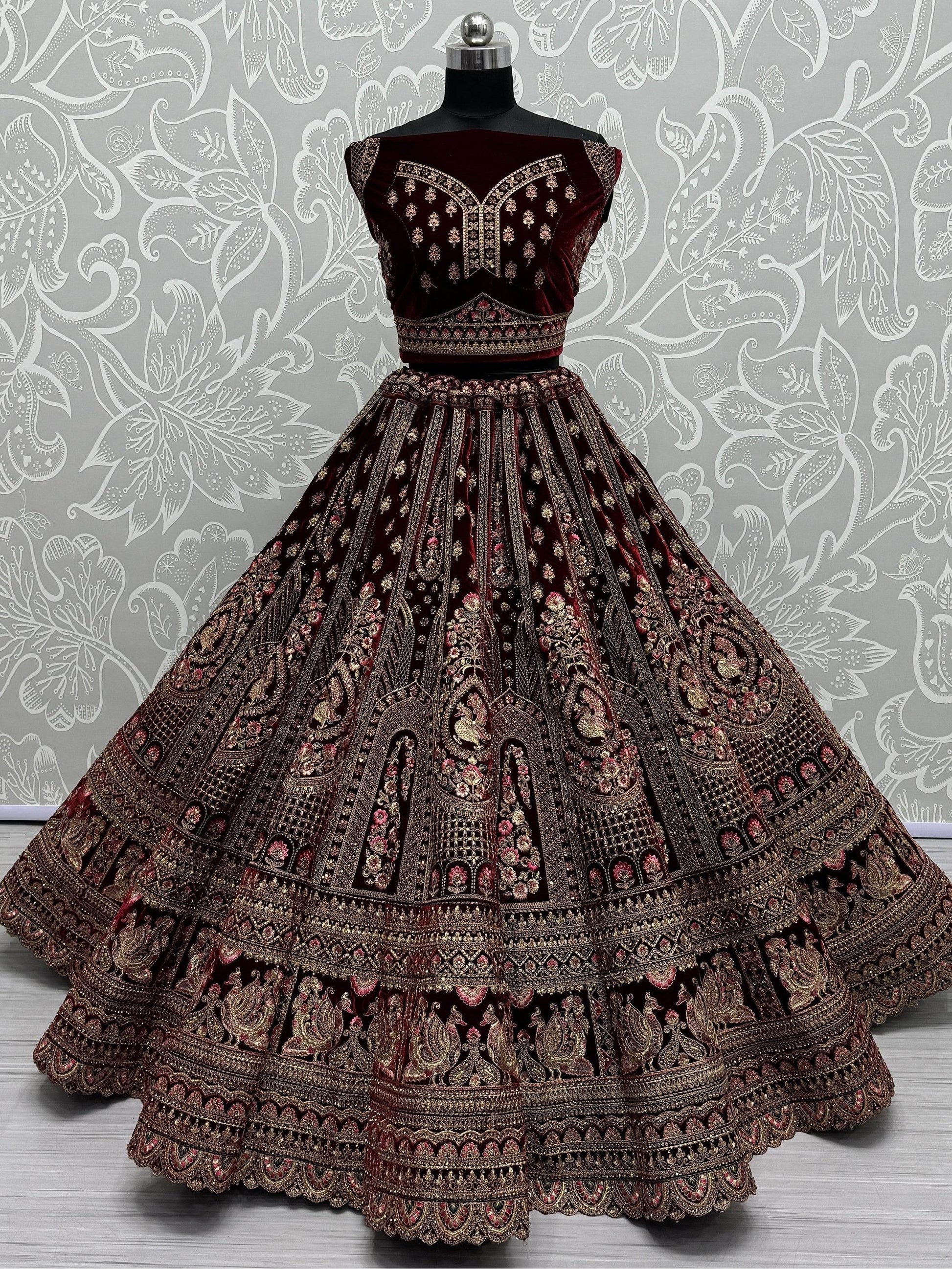 Lovely Maroon Sequins Velvet Bridal Lehenga Choli With Double Dupatta - Zeel Clothing