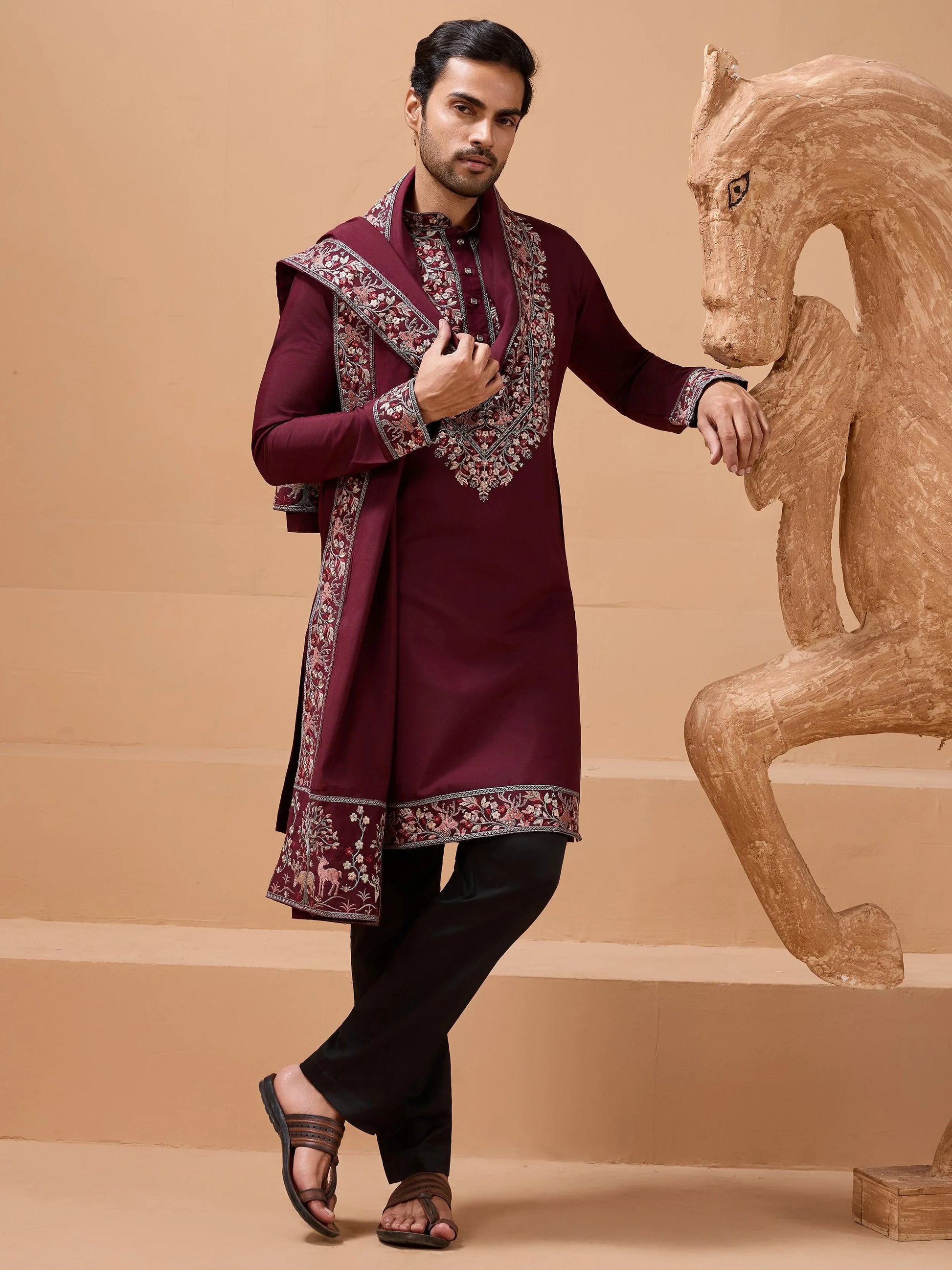 Lovely Maroon Thread Embroidered Viscose Silk Groom Wear Men's Kurta Set With Dupatta