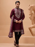 Lovely Maroon Thread Embroidered Viscose Silk Groom Wear Men's Kurta Set With Dupatta